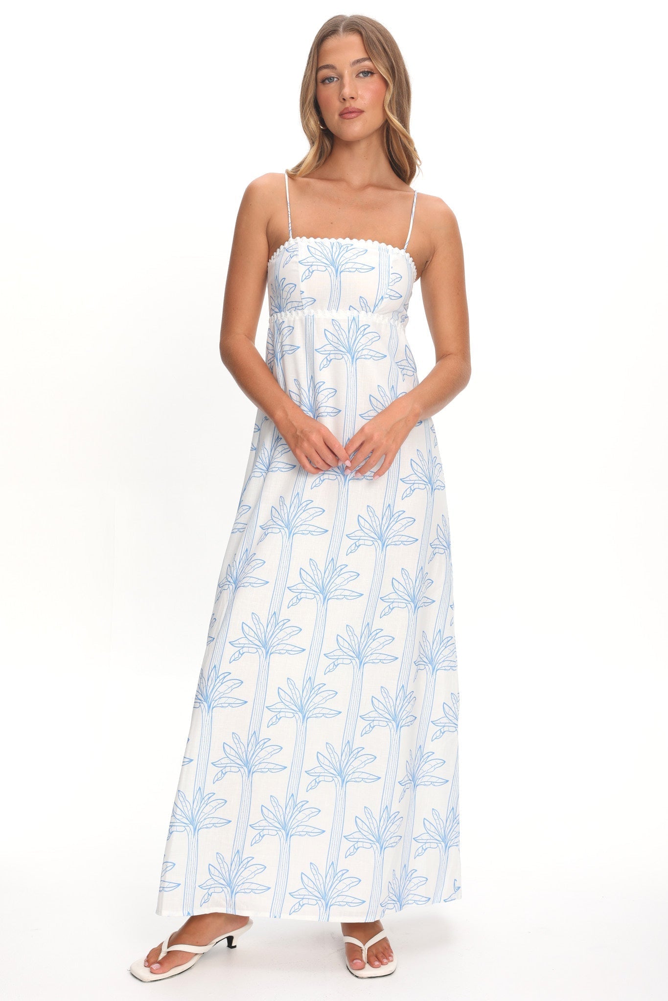 Patty Lace Trim Maxi Dress Palms White/Blue