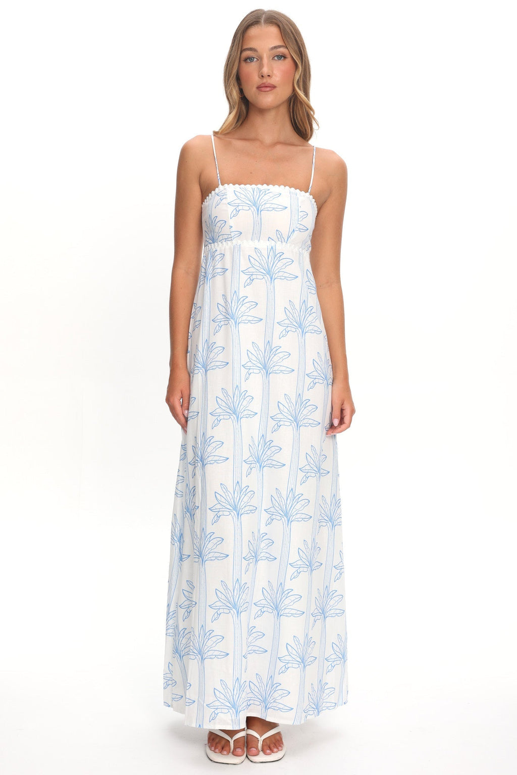 Patty Lace Trim Maxi Dress Palms White/Blue