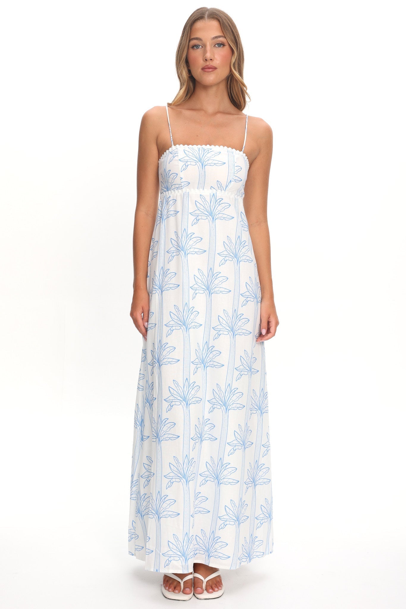 Patty Lace Trim Maxi Dress Palms White/Blue