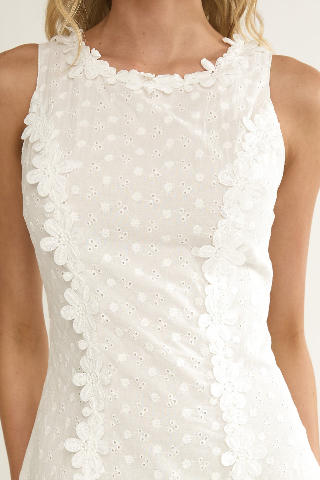Jessamine Floral Applique Eyelet Mini Dress Off White