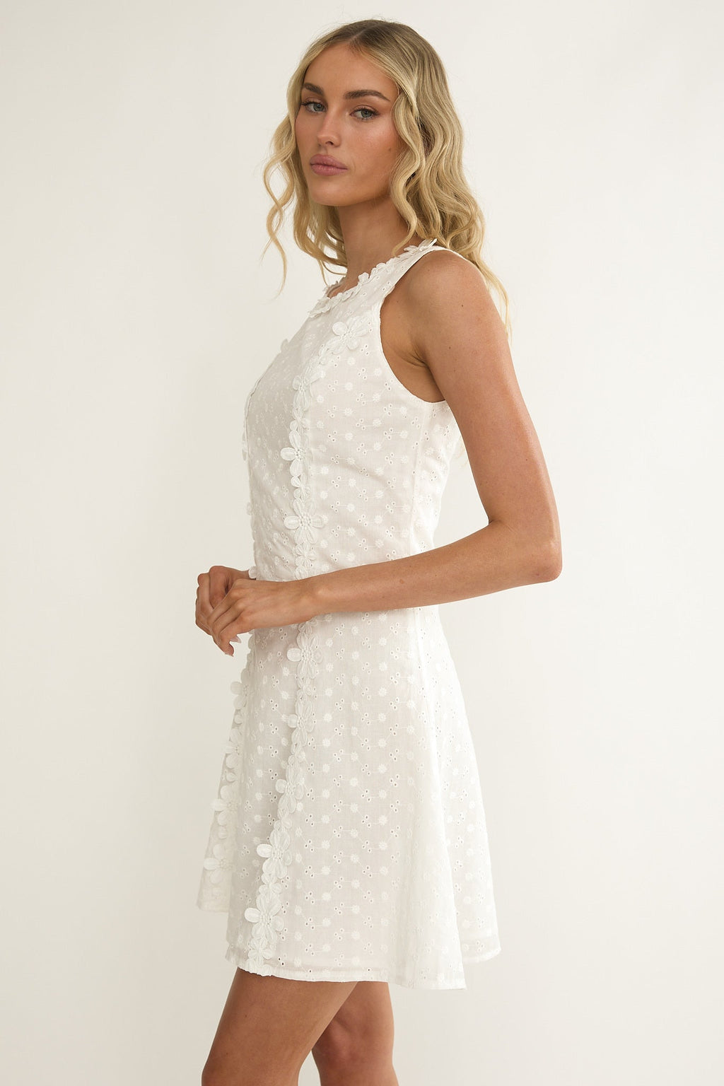 Jessamine Floral Applique Eyelet Mini Dress Off White