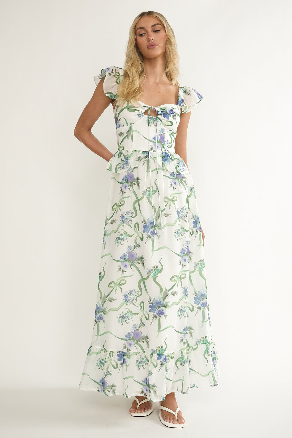 Hanalei Off-Shoulder Tied Bust Maxi Dress Floral White