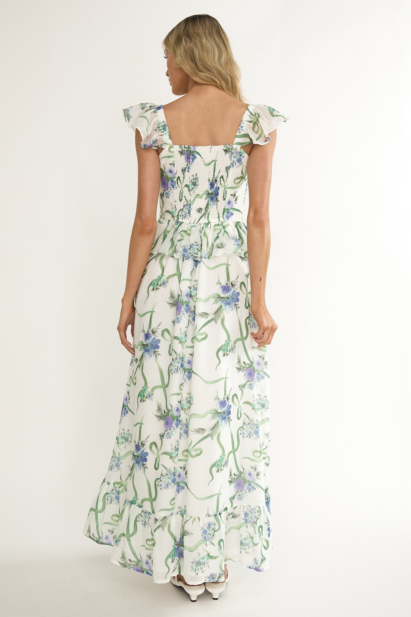 Hanalei Off-Shoulder Tied Bust Maxi Dress Floral White