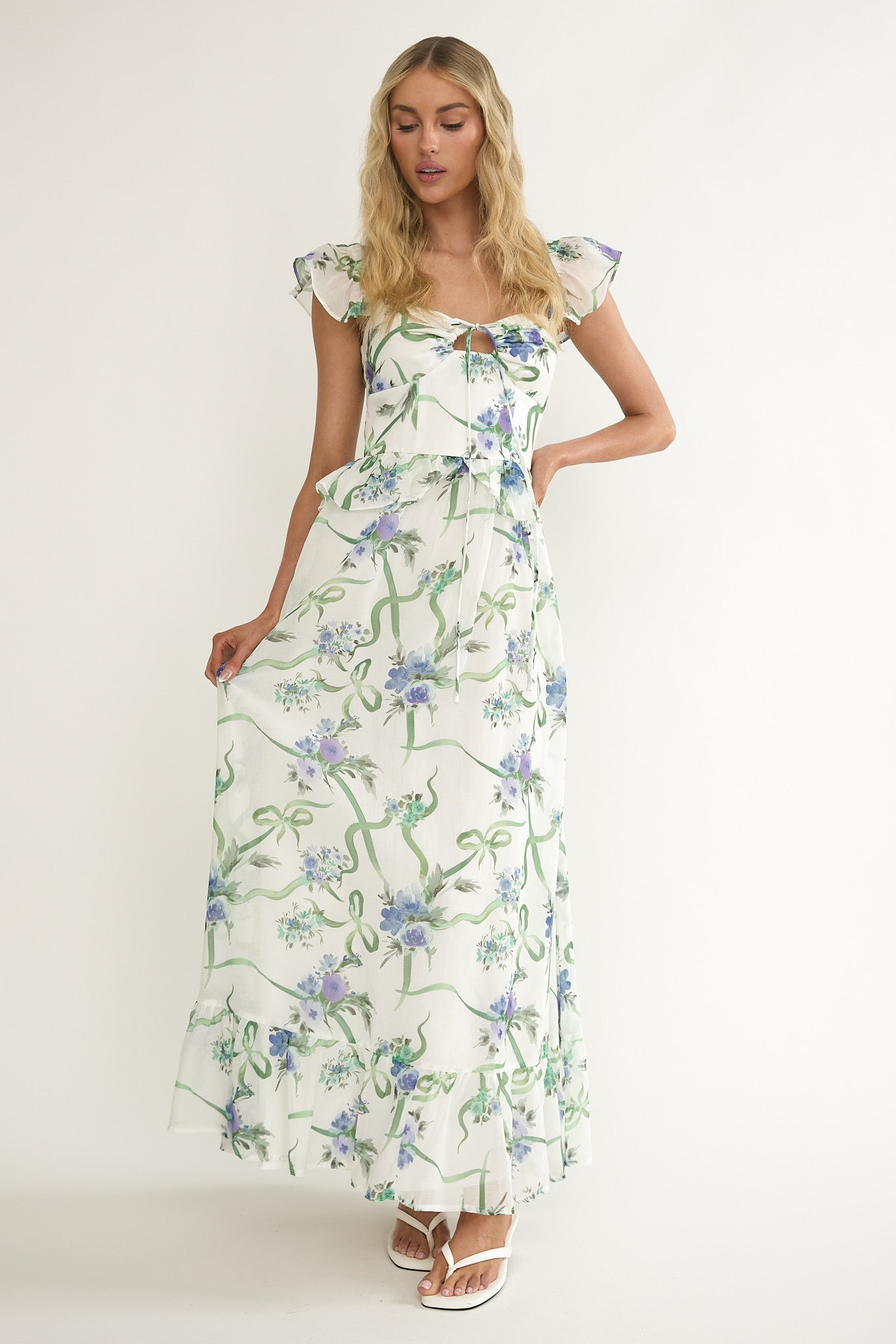 Hanalei Off-Shoulder Tied Bust Maxi Dress Floral White