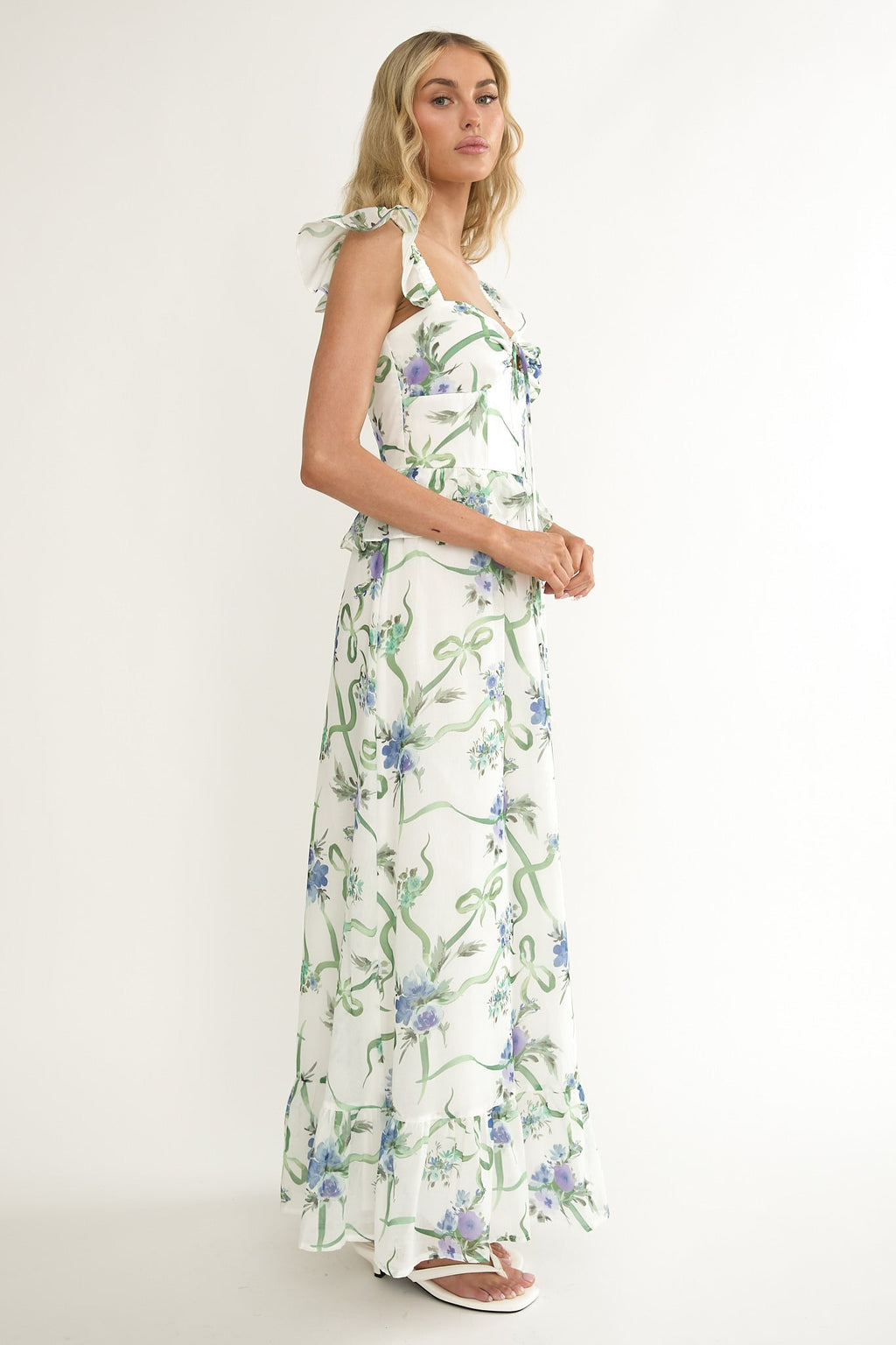Hanalei Off-Shoulder Tied Bust Maxi Dress Floral White