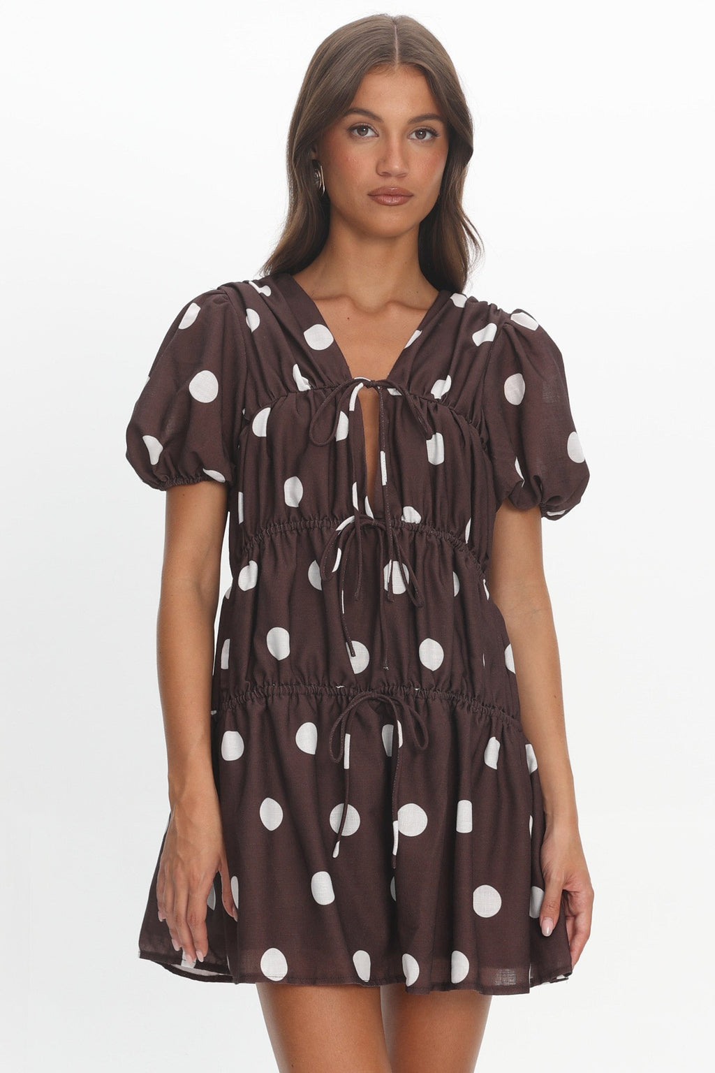 Antibes Tie Front Puff Sleeve Mini Dress Chocolate/White