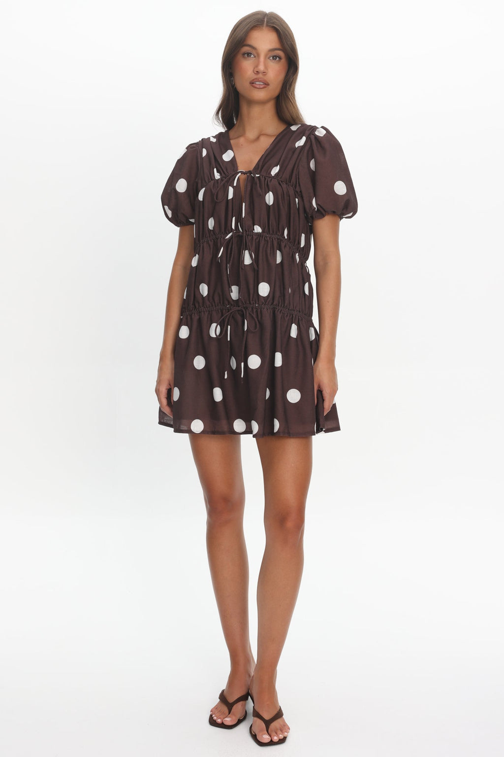 Antibes Tie Front Puff Sleeve Mini Dress Chocolate/White