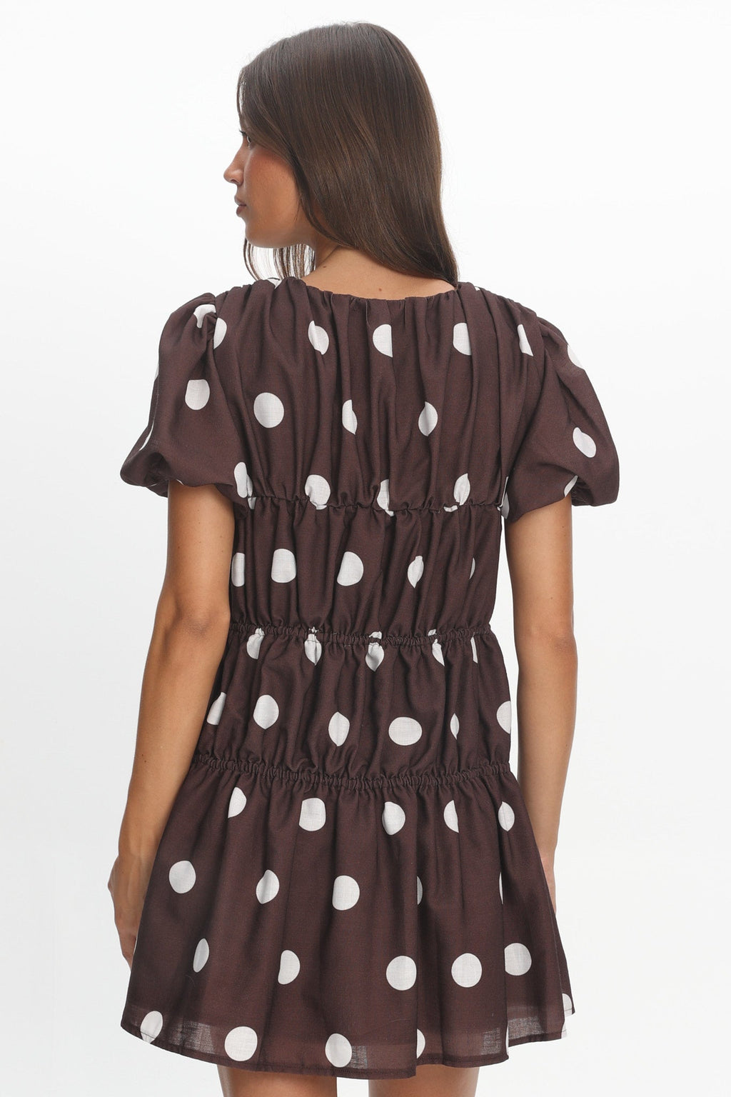 Antibes Tie Front Puff Sleeve Mini Dress Chocolate/White
