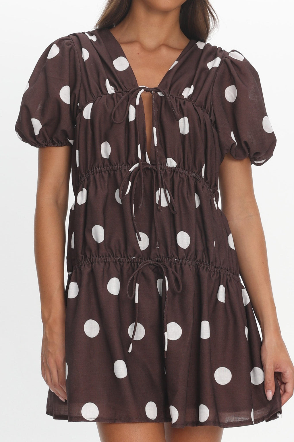 Antibes Tie Front Puff Sleeve Mini Dress Chocolate/White