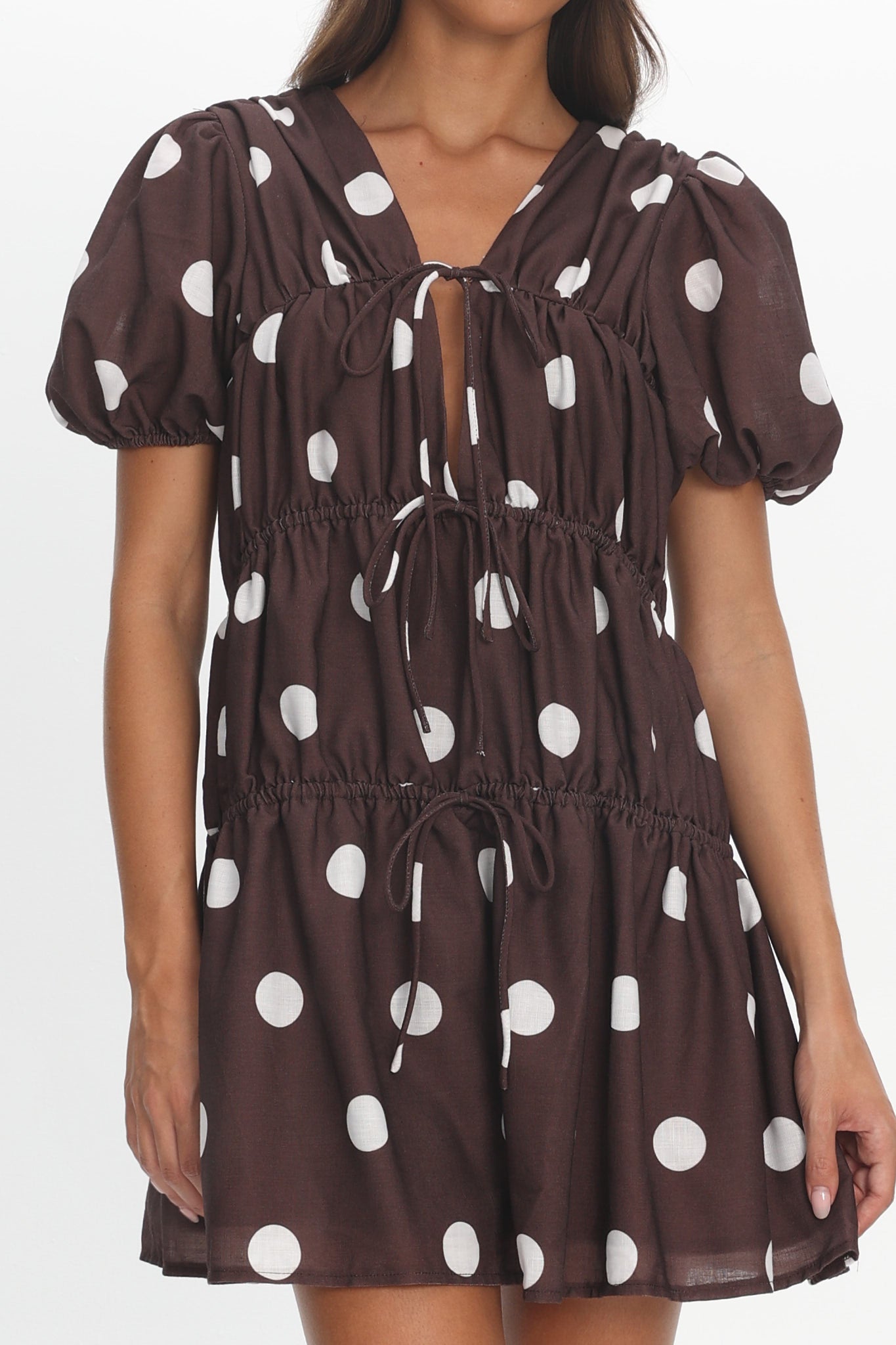 Antibes Tie Front Puff Sleeve Mini Dress Chocolate/White