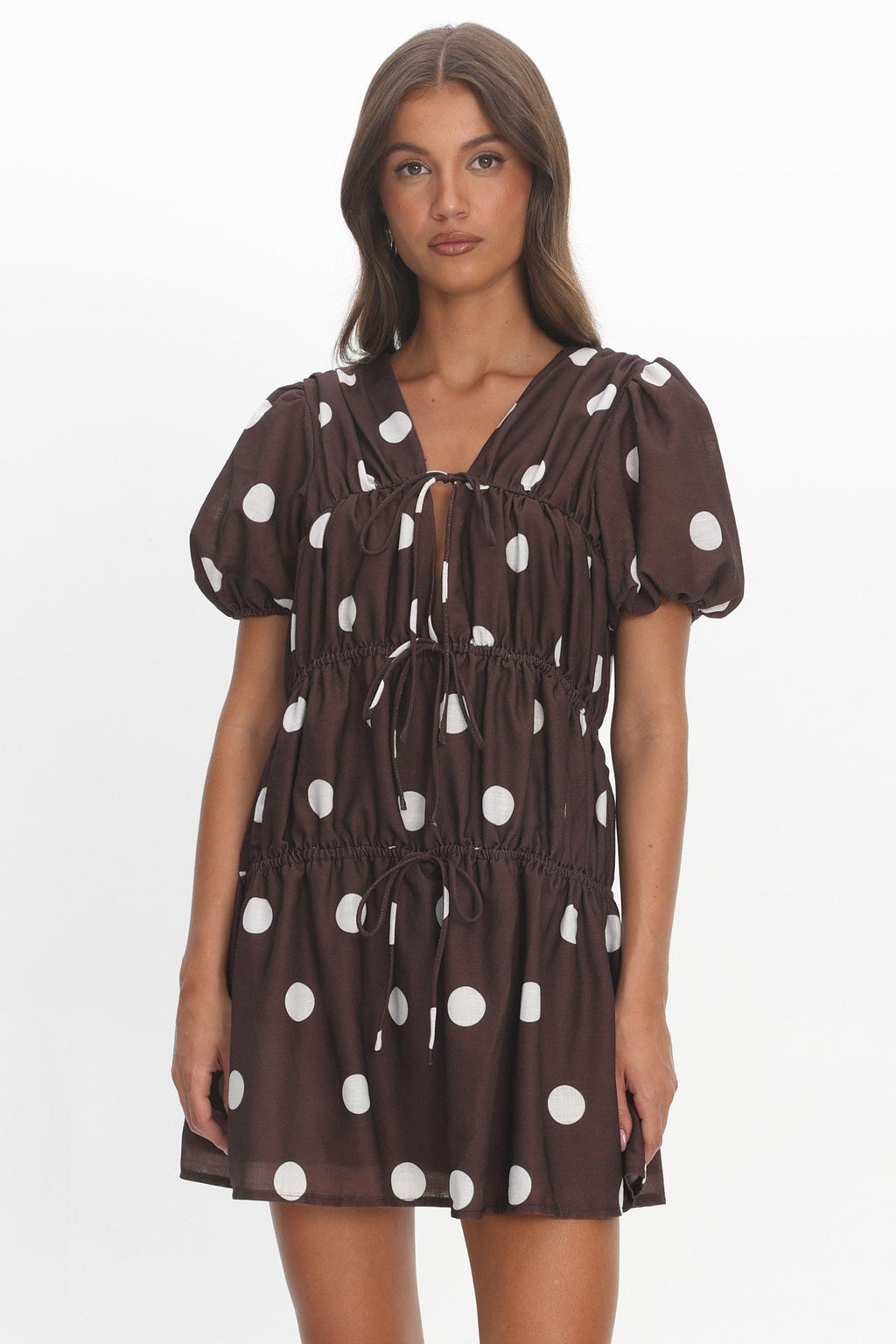 Antibes Tie Front Puff Sleeve Mini Dress Chocolate/White