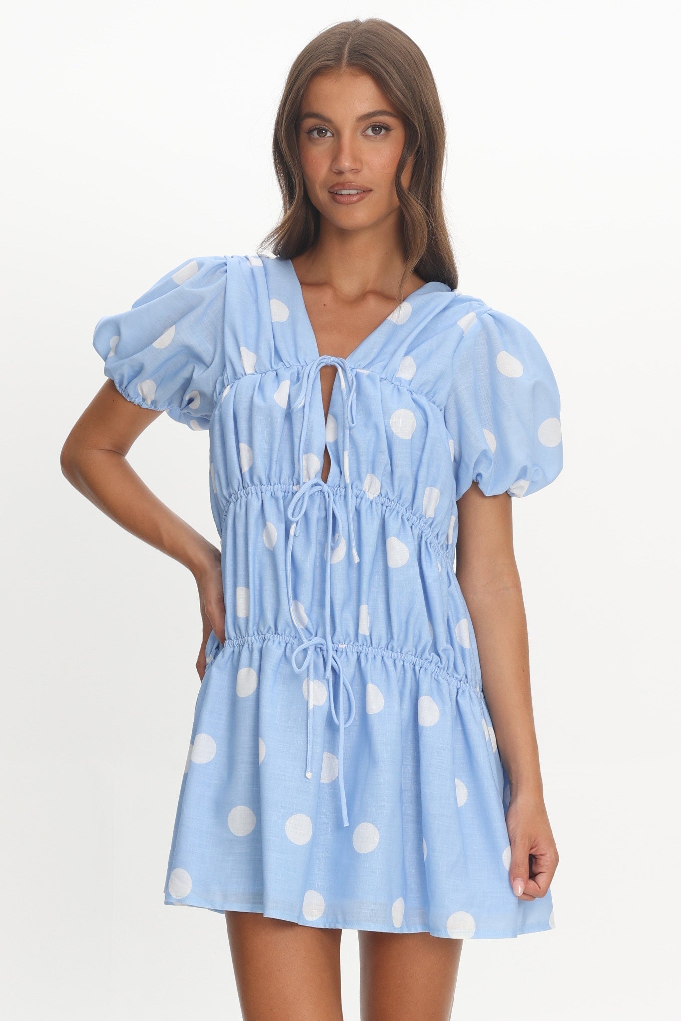 Antibes Tie Front Puff Sleeve Mini Dress Light Blue
