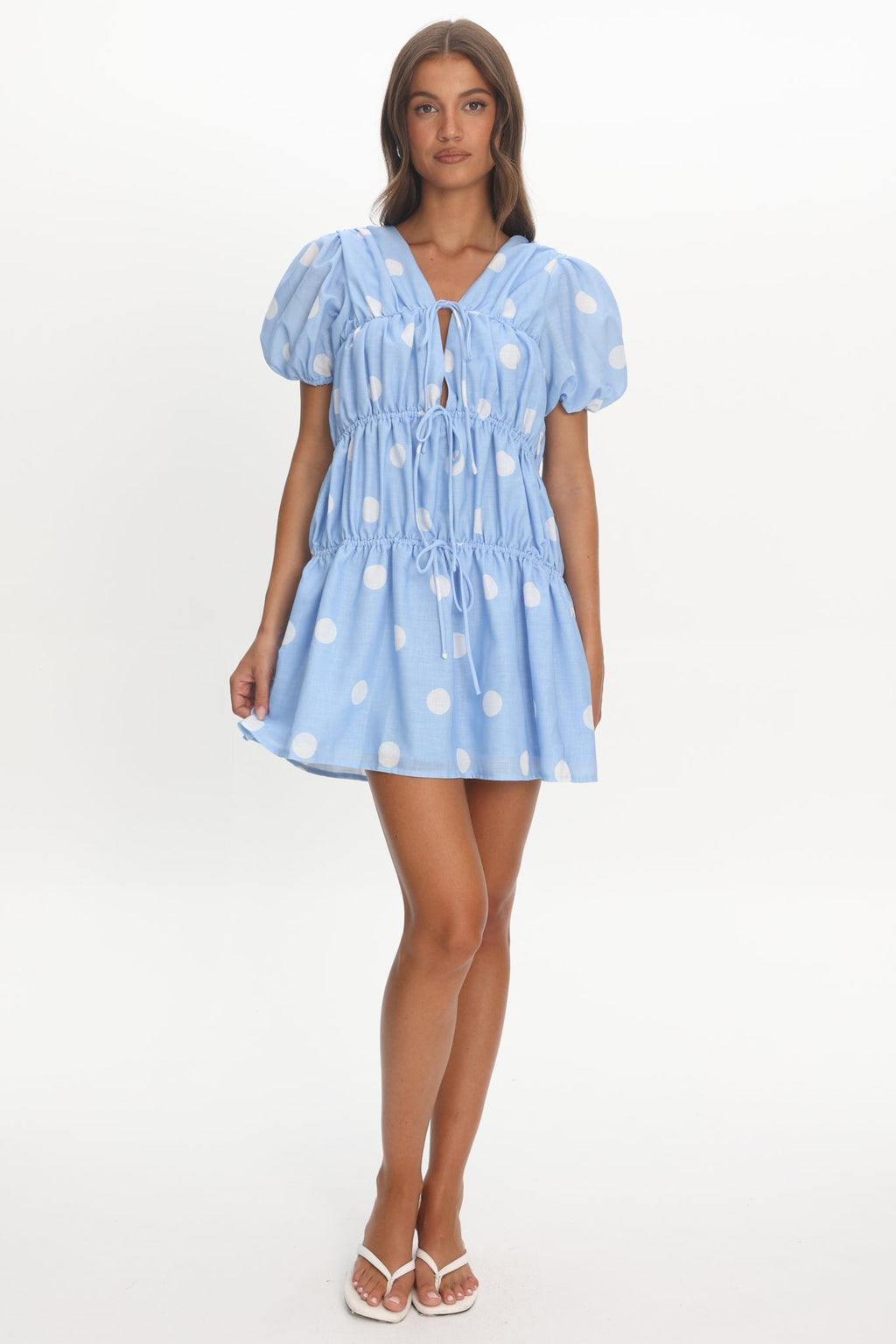 Antibes Tie Front Puff Sleeve Mini Dress Light Blue
