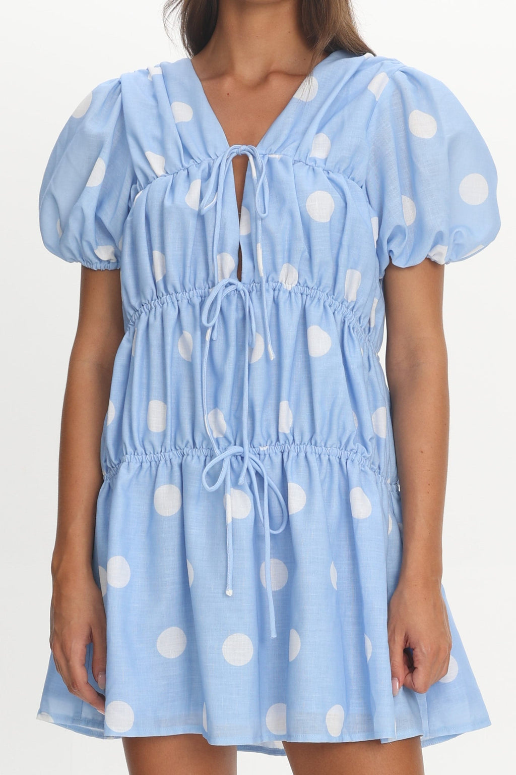 Antibes Tie Front Puff Sleeve Mini Dress Light Blue