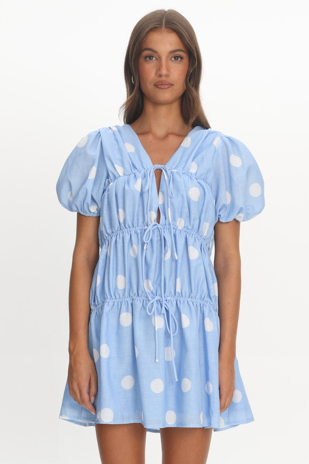 Antibes Tie Front Puff Sleeve Mini Dress Light Blue