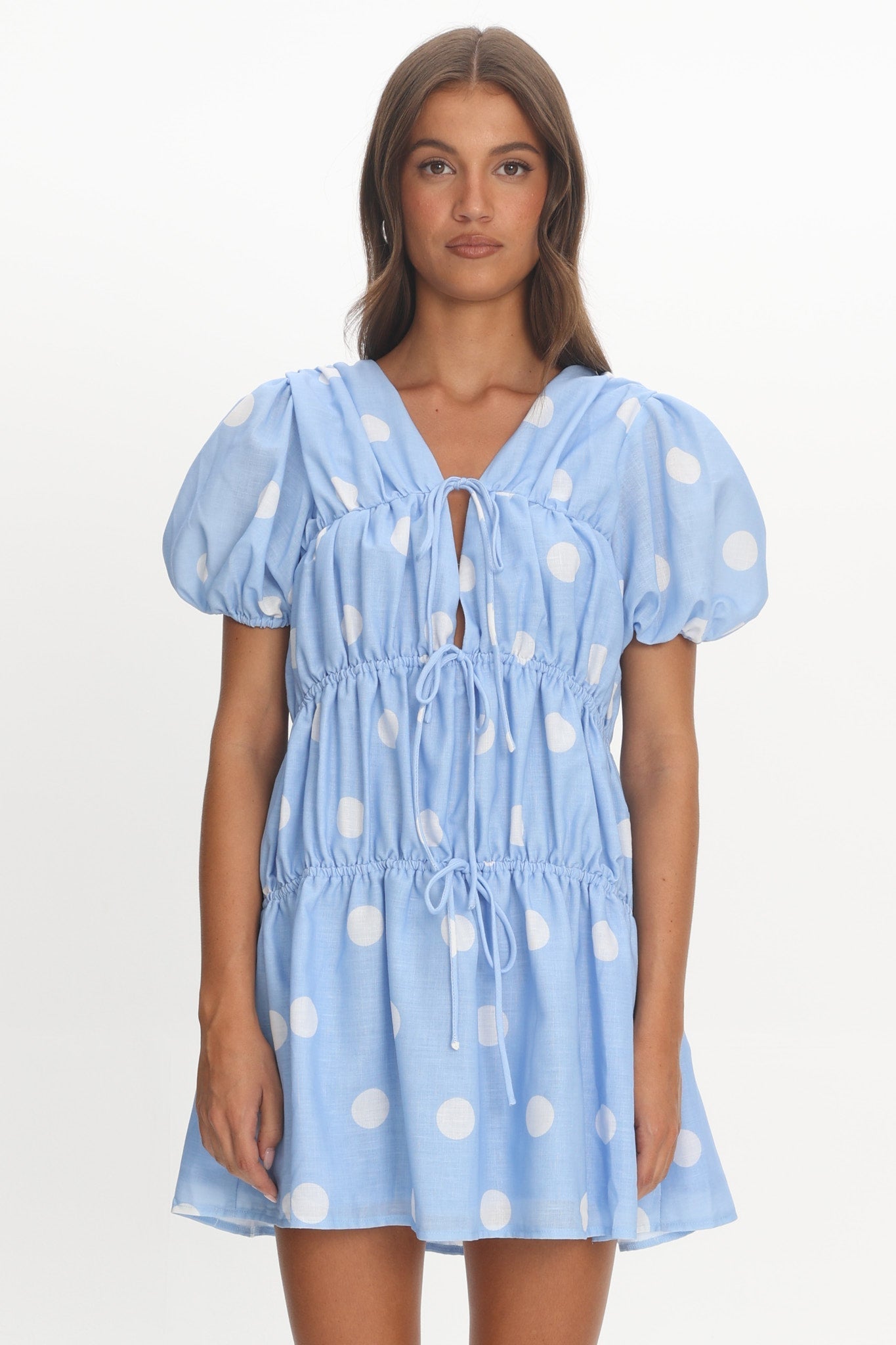 Antibes Tie Front Puff Sleeve Mini Dress Light Blue