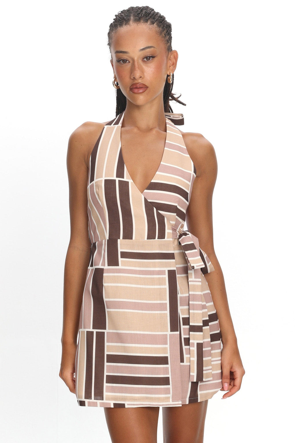 Teela Wrap Halterneck Mini Dress Print Mocha