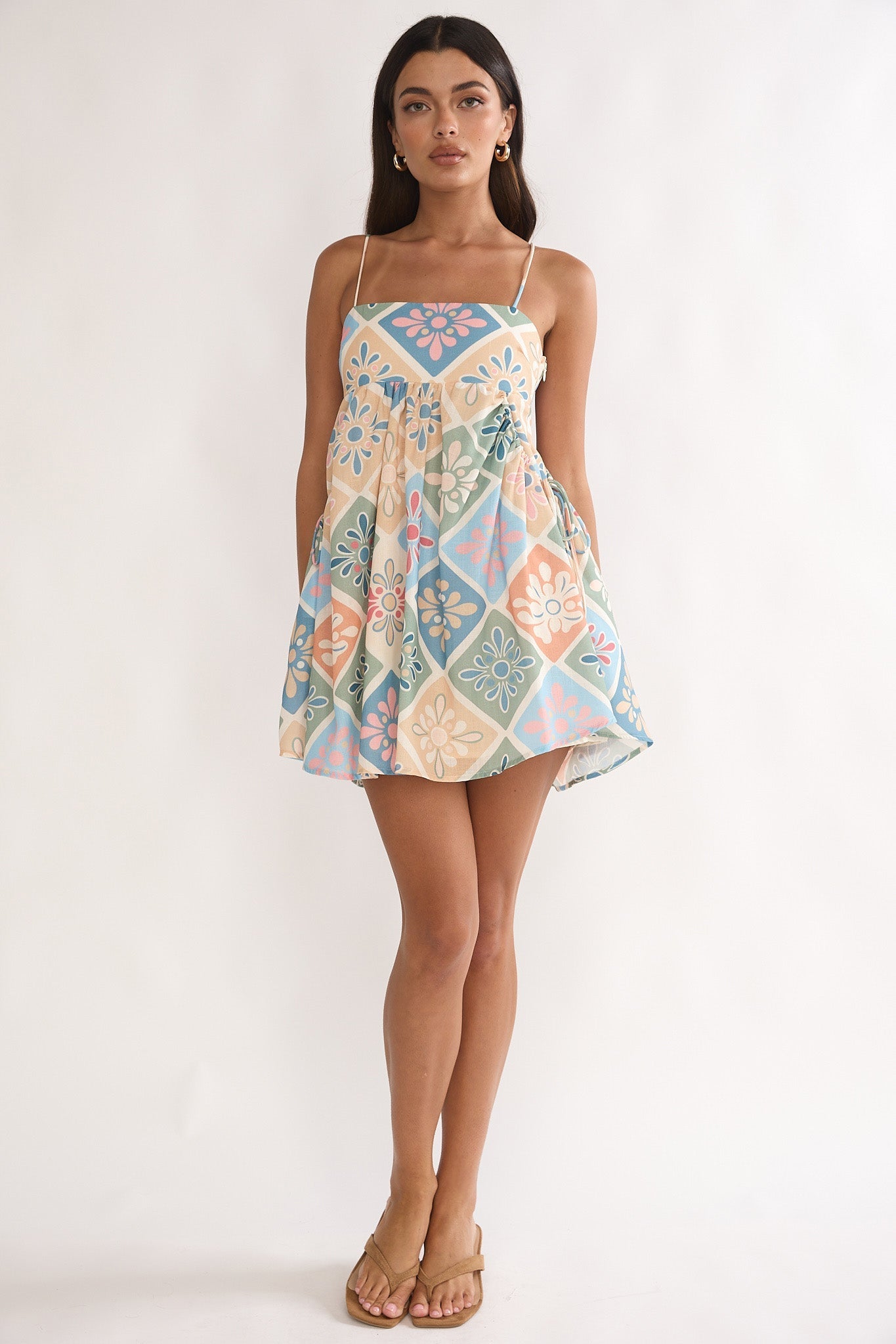 Terenza Tied Back Baby Doll Mini Dress Green Multi