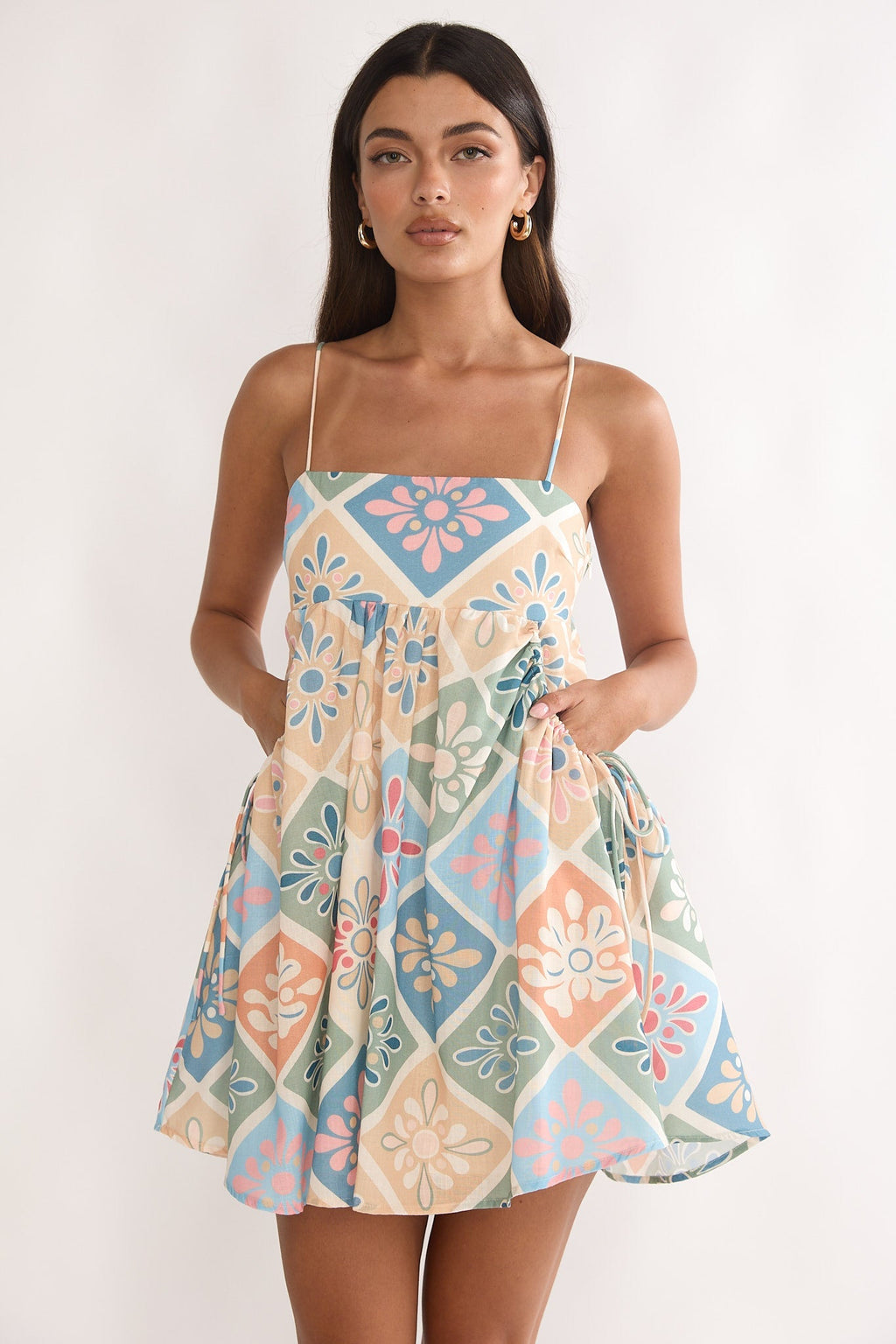Terenza Tied Back Baby Doll Mini Dress Green Multi