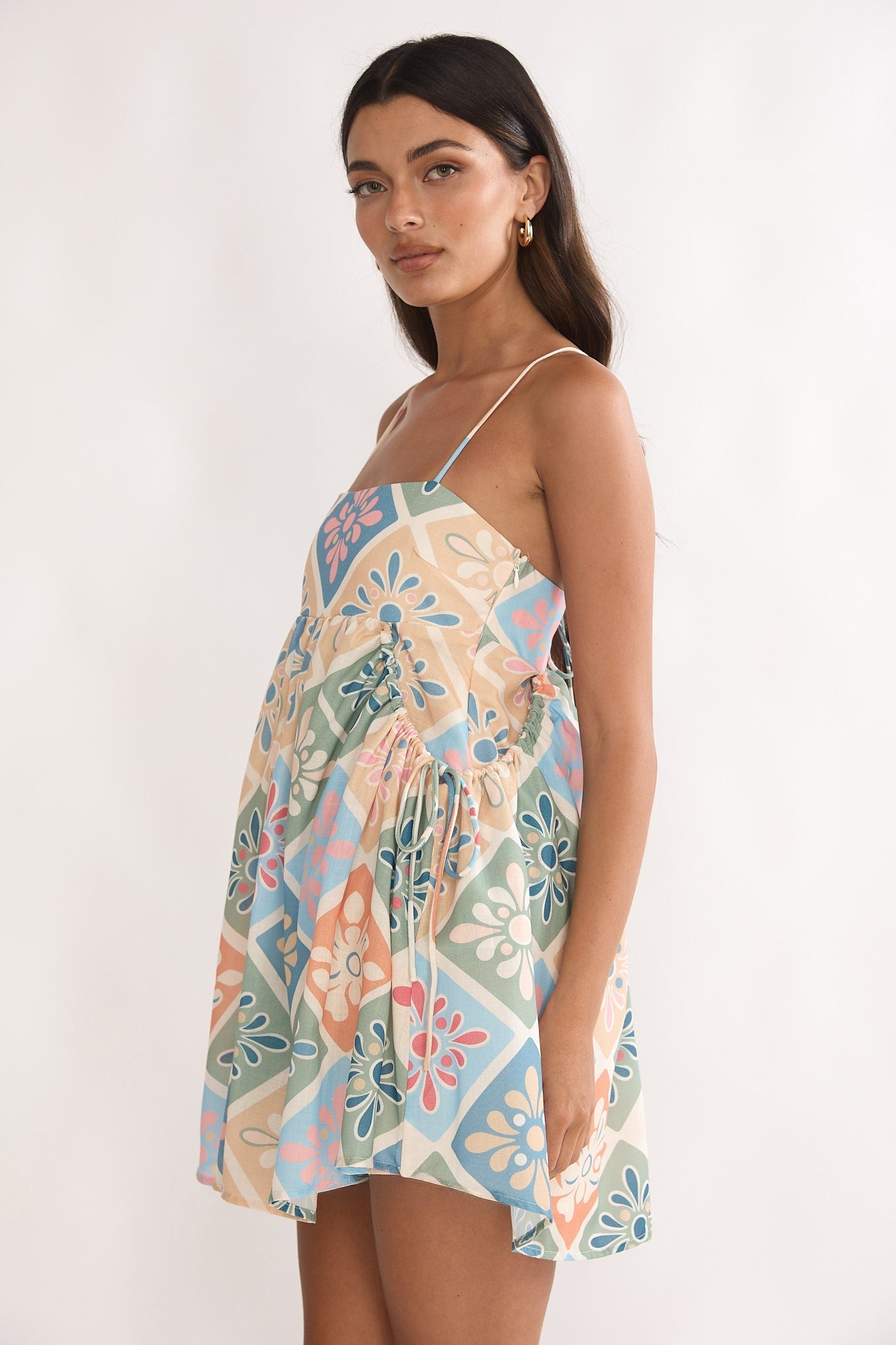 Terenza Tied Back Baby Doll Mini Dress Green Multi
