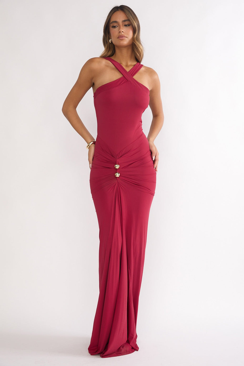 Delaina Ruched Waist Gold Accent Maxi Dress Wine
