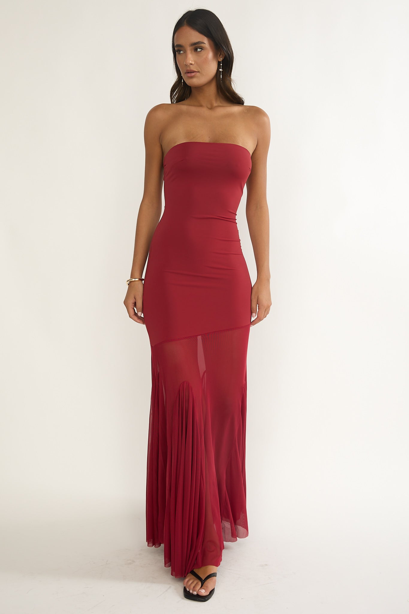 Velvet Rope Strapless Mesh Maxi Dress Wine