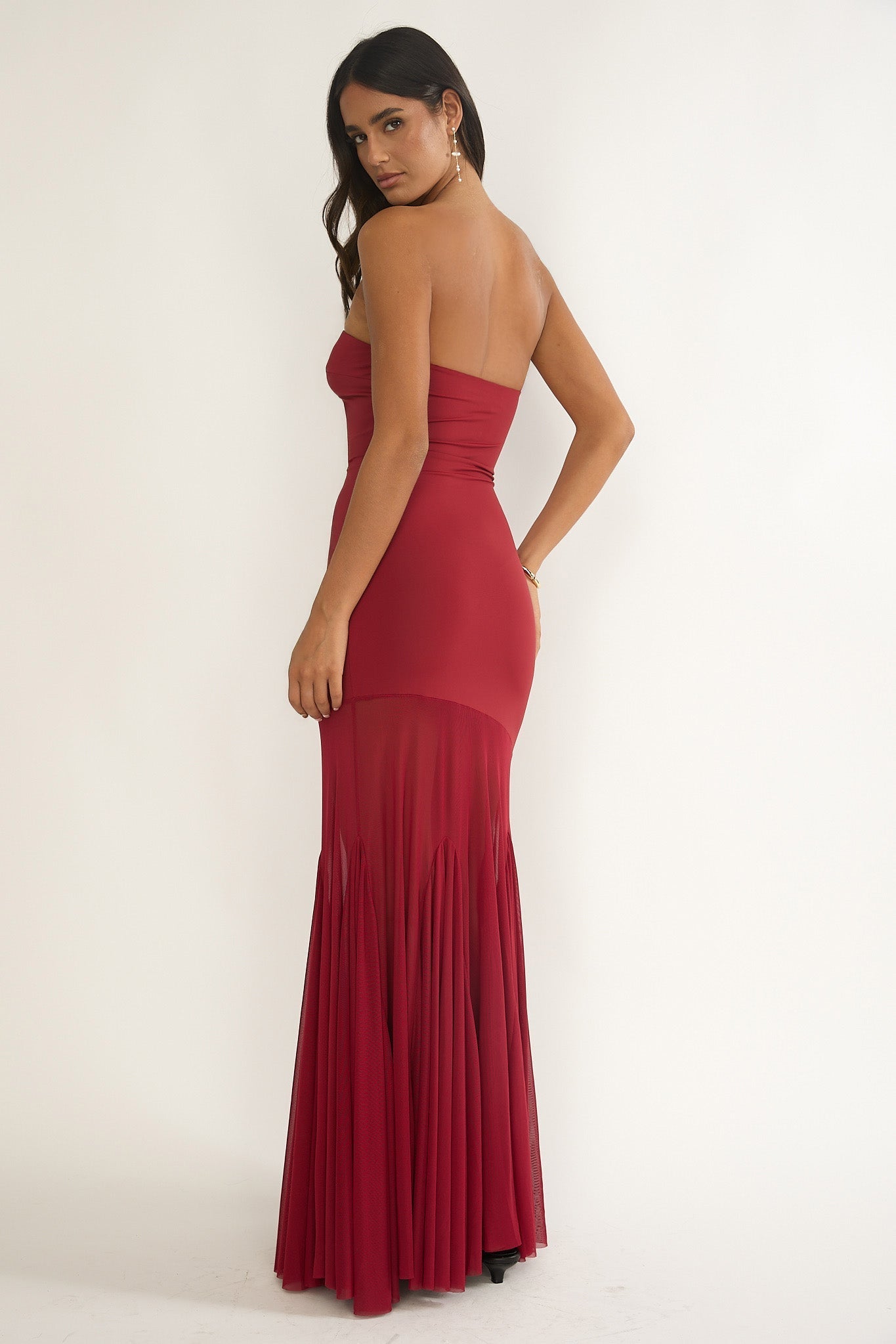 Velvet Rope Strapless Mesh Maxi Dress Wine