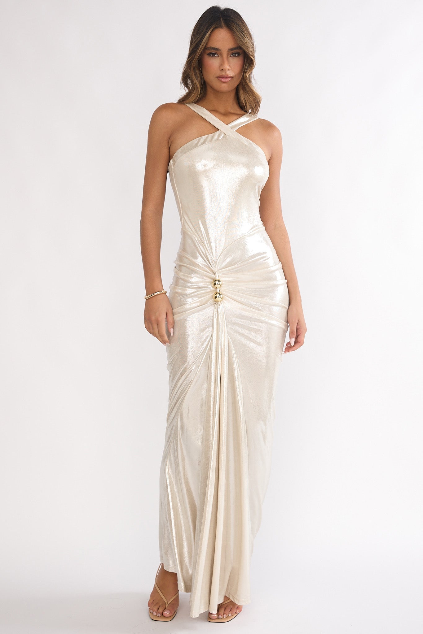 Delaina Ruched Waist Gold Accent Maxi Dress Pearl