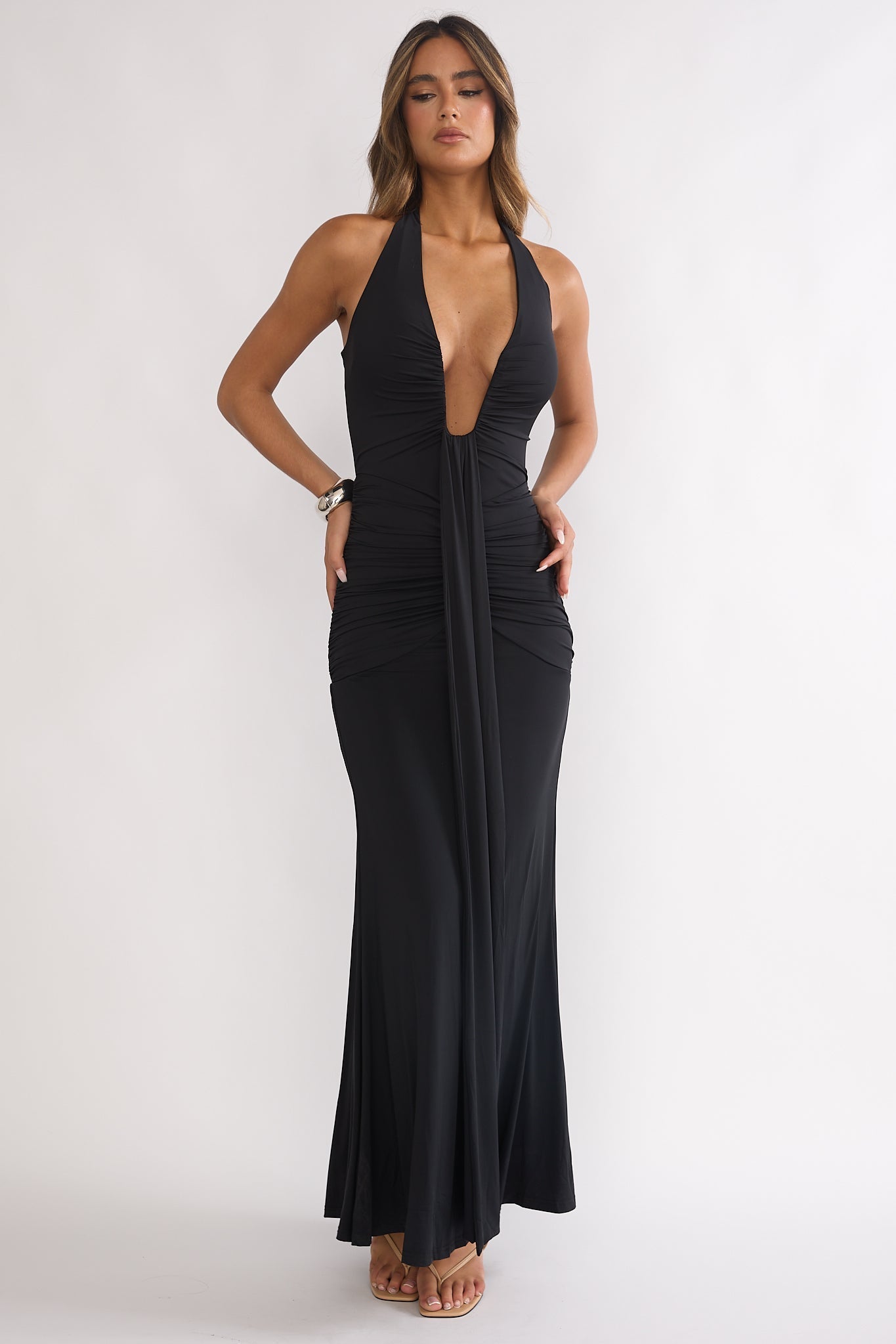 Brienna Halter Ruched Maxi Dress Black