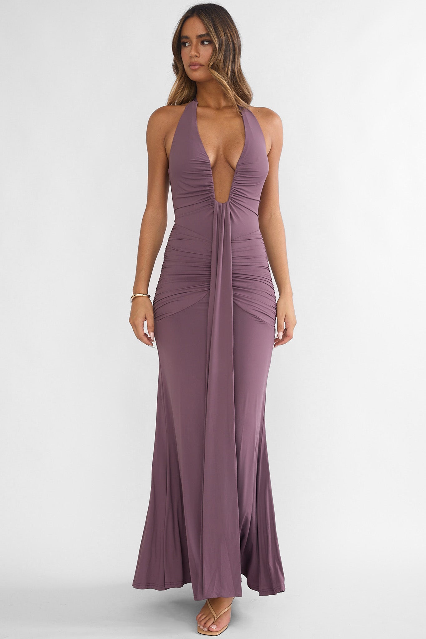Brienna Halter Ruched Maxi Dress Mauve