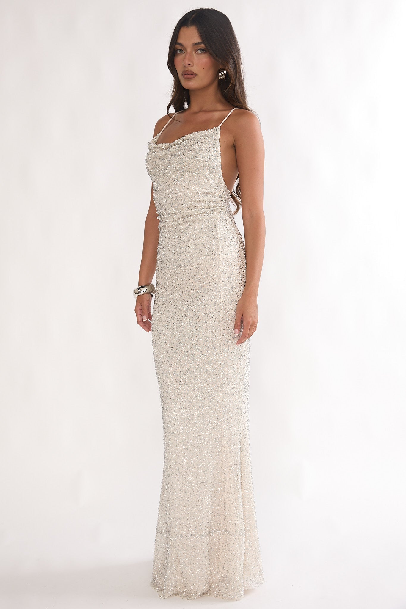 Emillia Strappy Open Back Maxi Dress Sequin Ivory