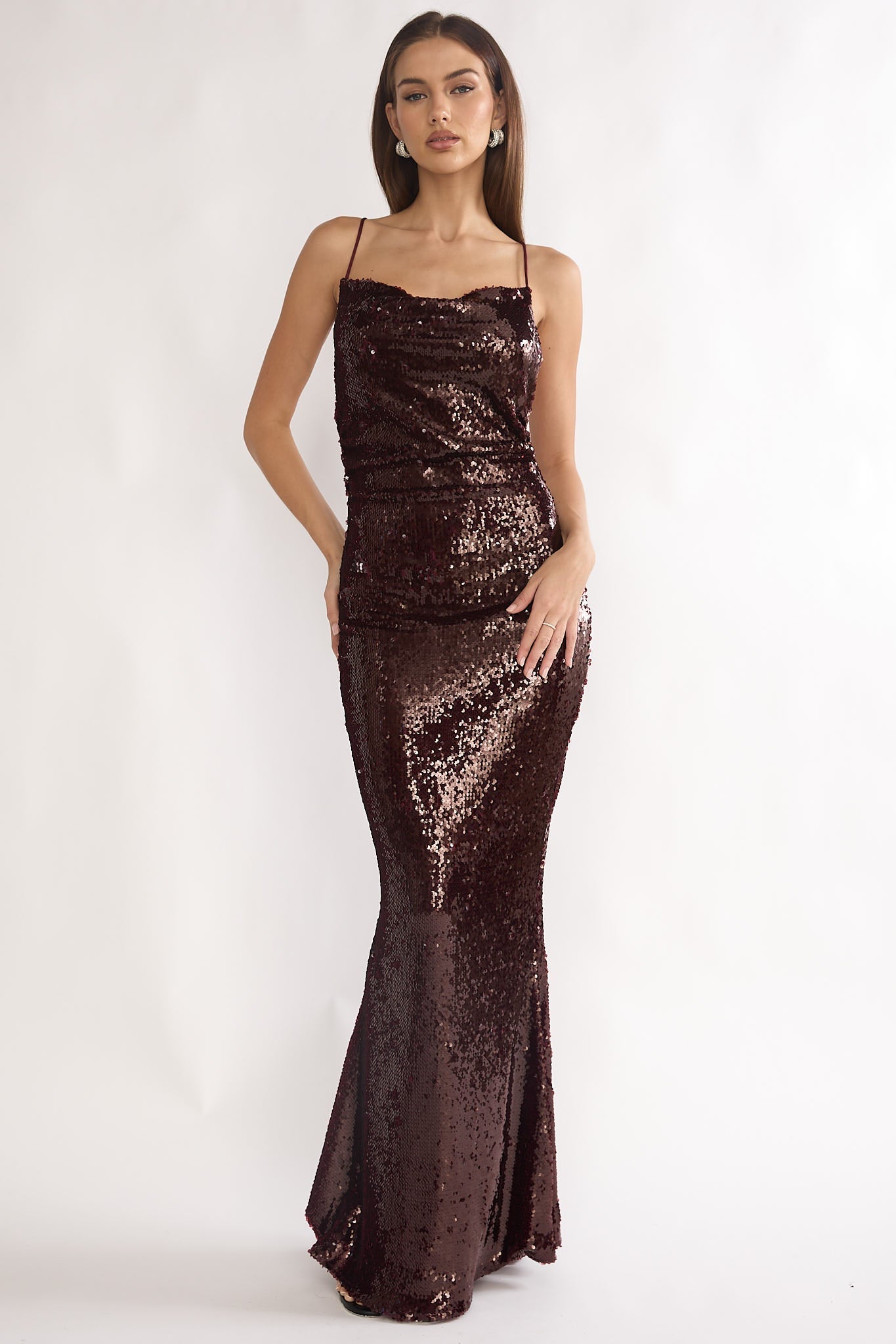 She's The Star Open Tied Back Maxi Dress Sequin Wine