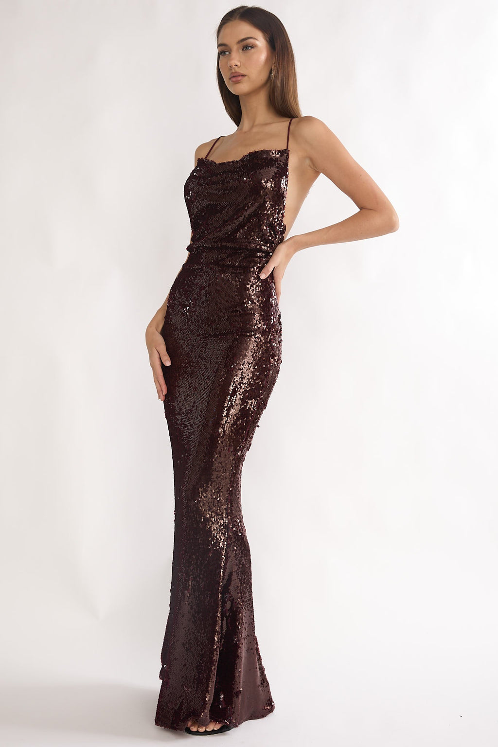 She's The Star Open Tied Back Maxi Dress Sequin Wine