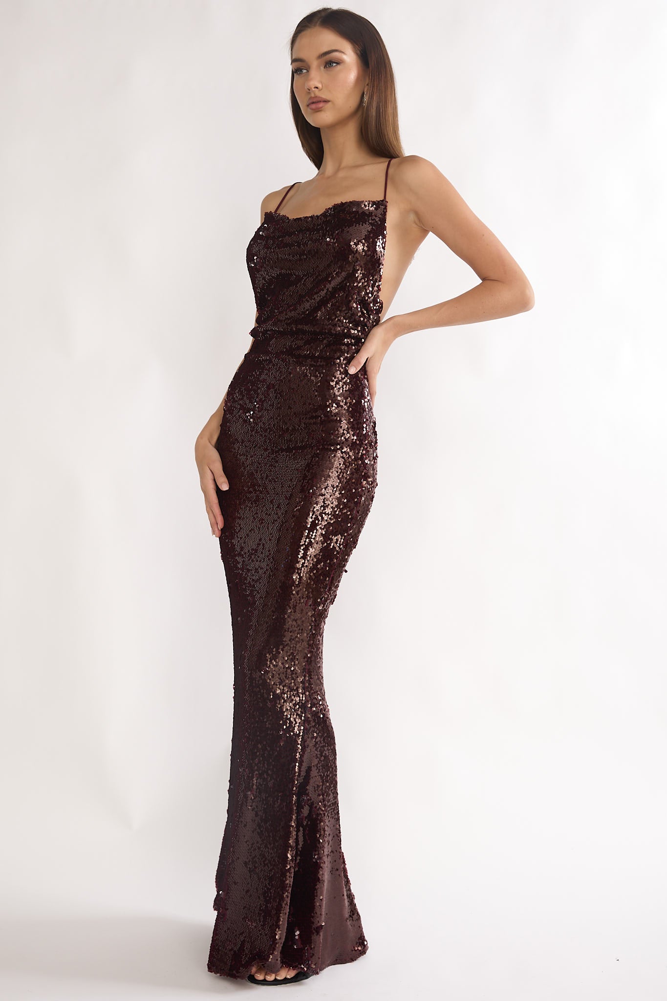 She's The Star Open Tied Back Maxi Dress Sequin Wine