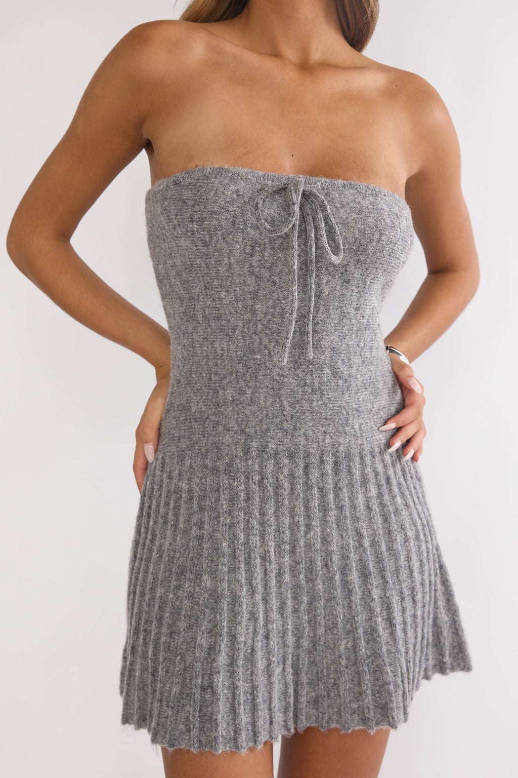Hollis Strapless Pleat Hem Knit Mini Dress Charocal