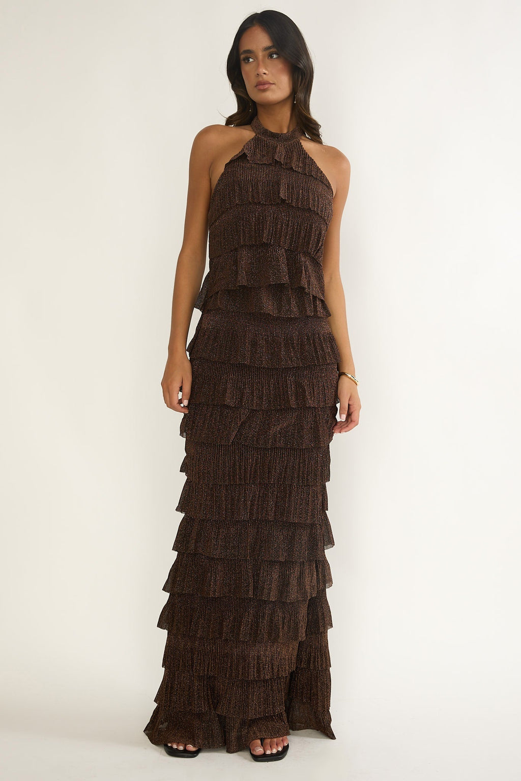 Kaelia Tiered Halter Maxi Dress Sparkle Brown
