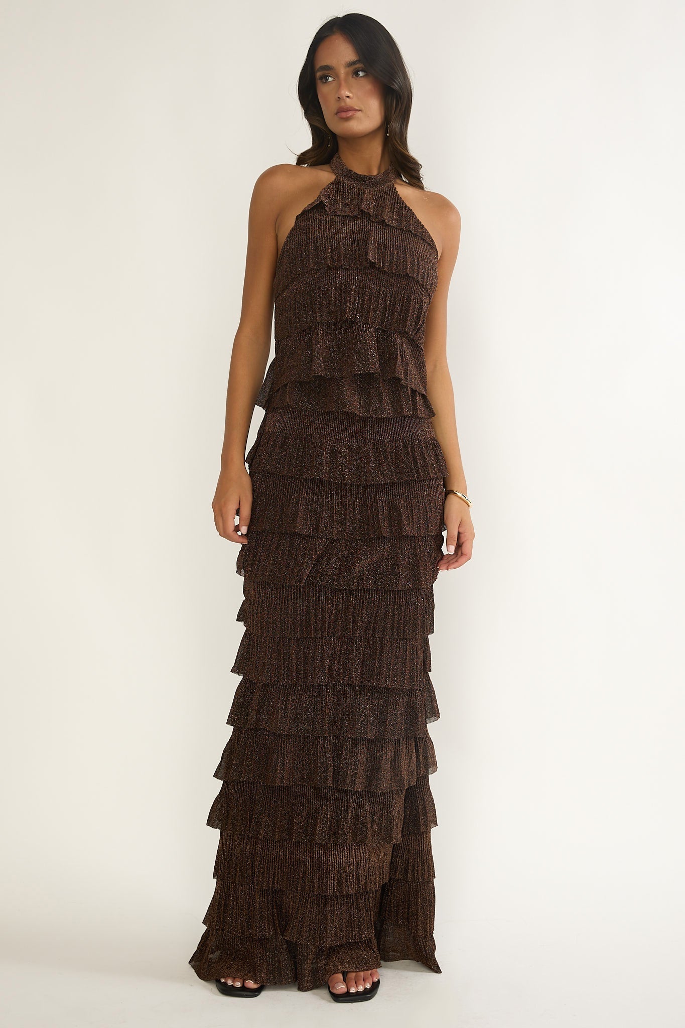 Kaelia Tiered Halter Maxi Dress Sparkle Brown