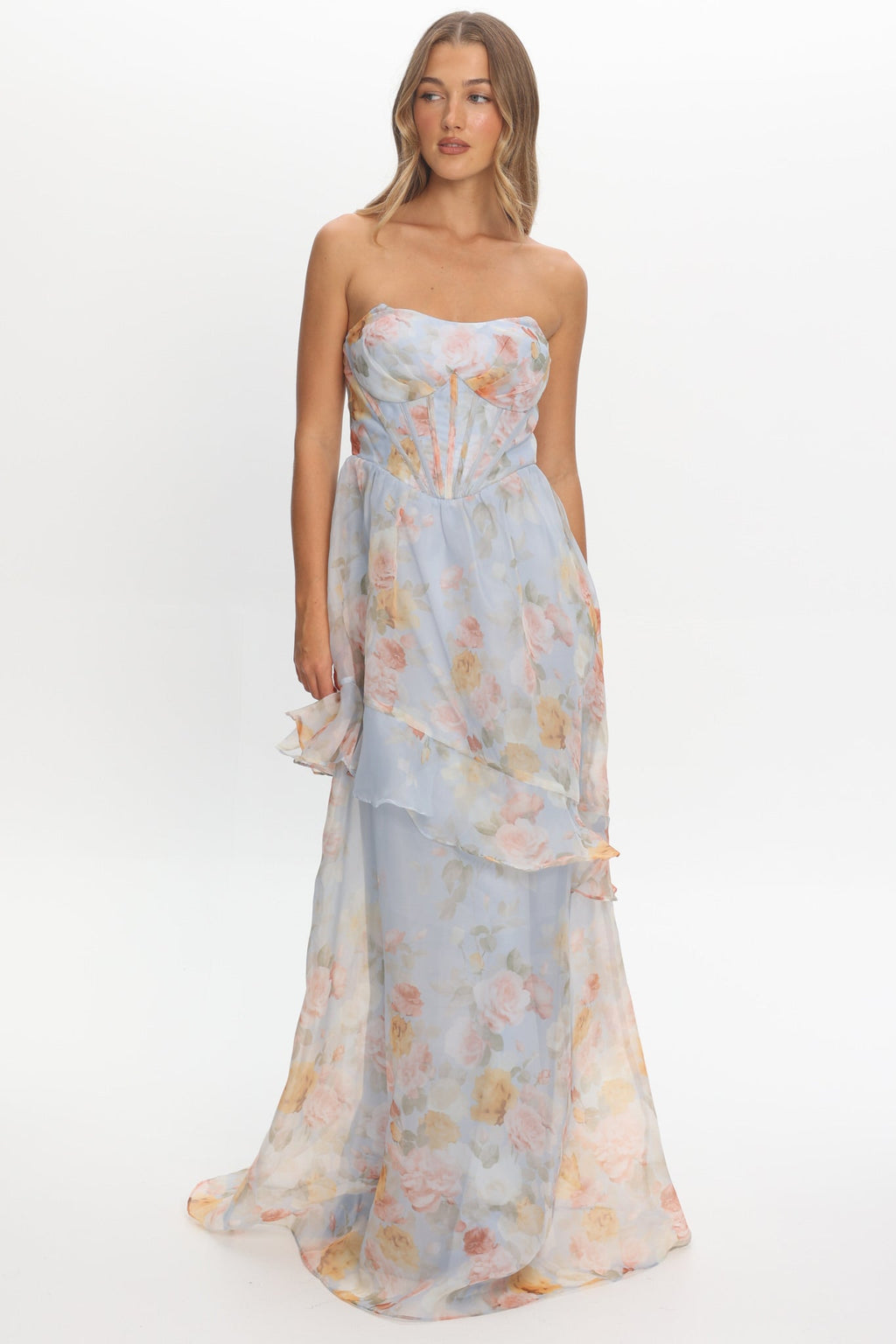 Petrice Asymmetric Layer Maxi Dress Floral Light Blue