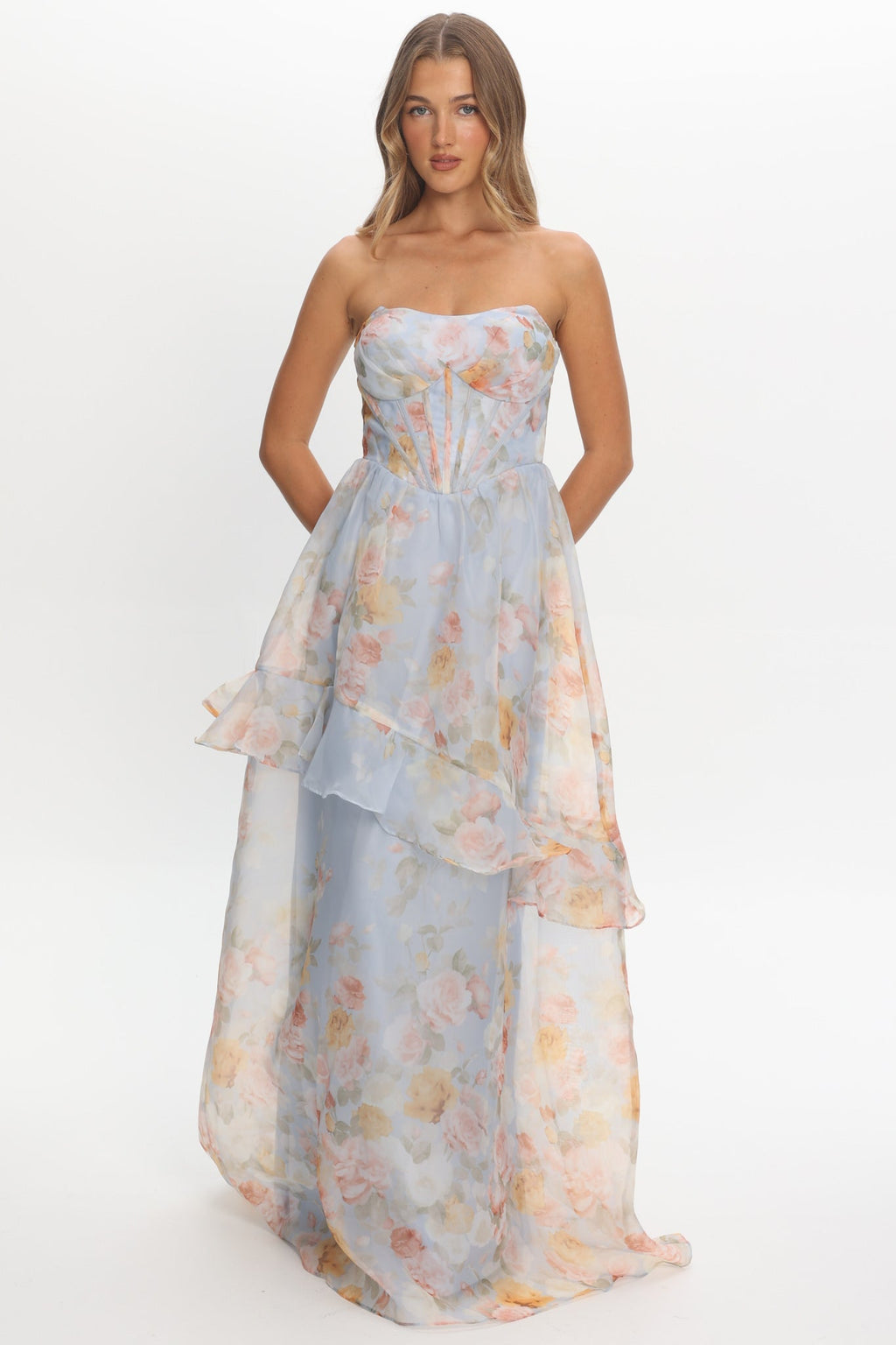 Petrice Asymmetric Layer Maxi Dress Floral Light Blue