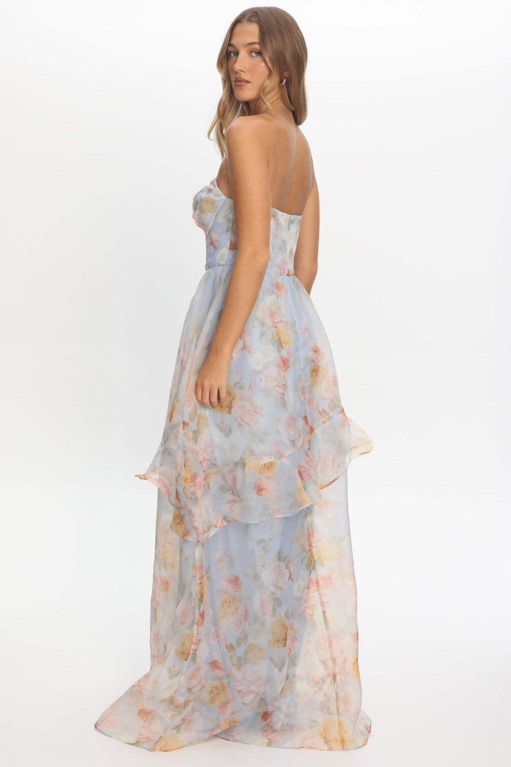 Petrice Asymmetric Layer Maxi Dress Floral Light Blue
