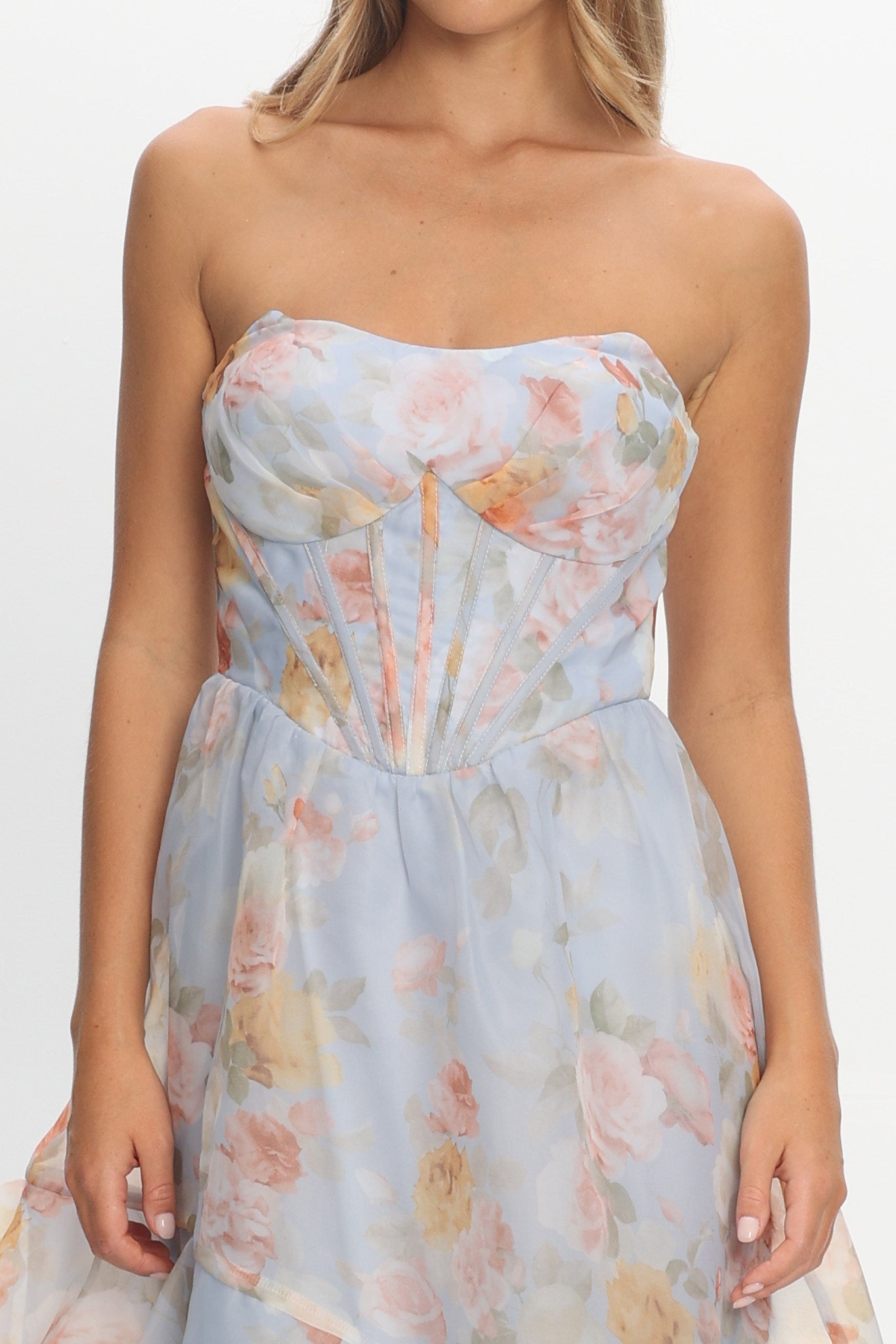 Petrice Asymmetric Layer Maxi Dress Floral Light Blue