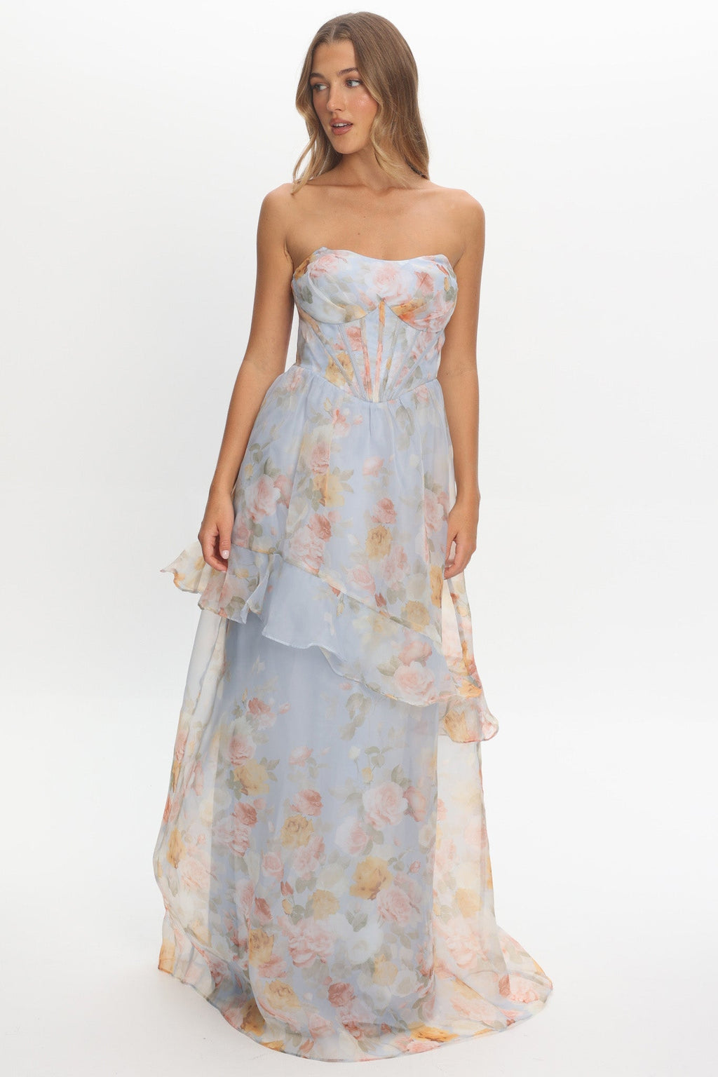 Petrice Asymmetric Layer Maxi Dress Floral Light Blue