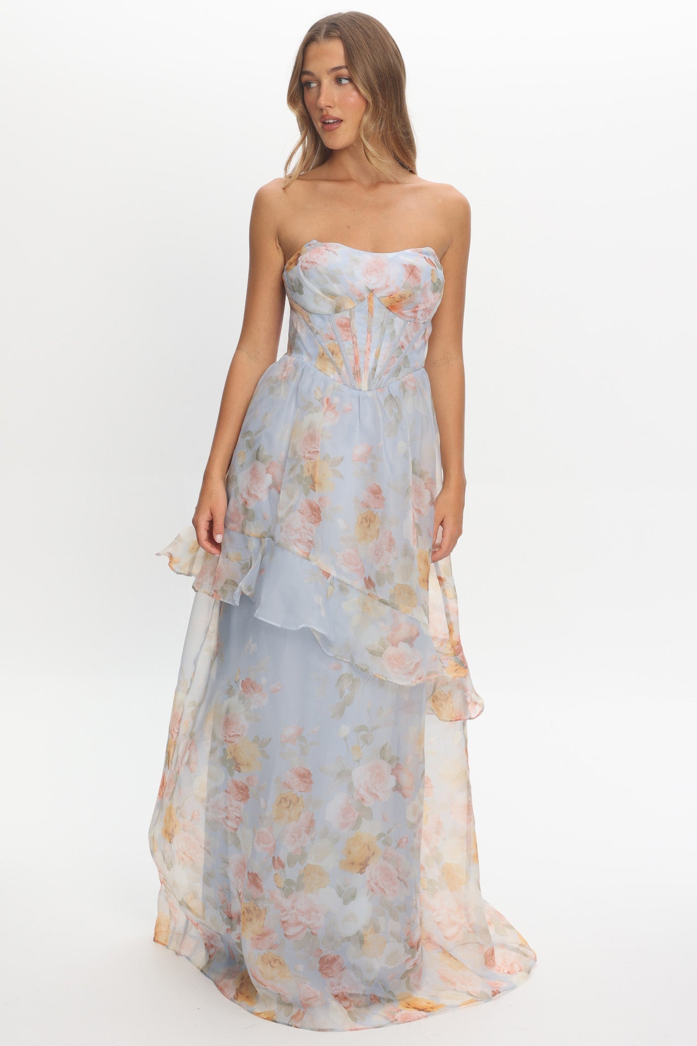Petrice Asymmetric Layer Maxi Dress Floral Light Blue