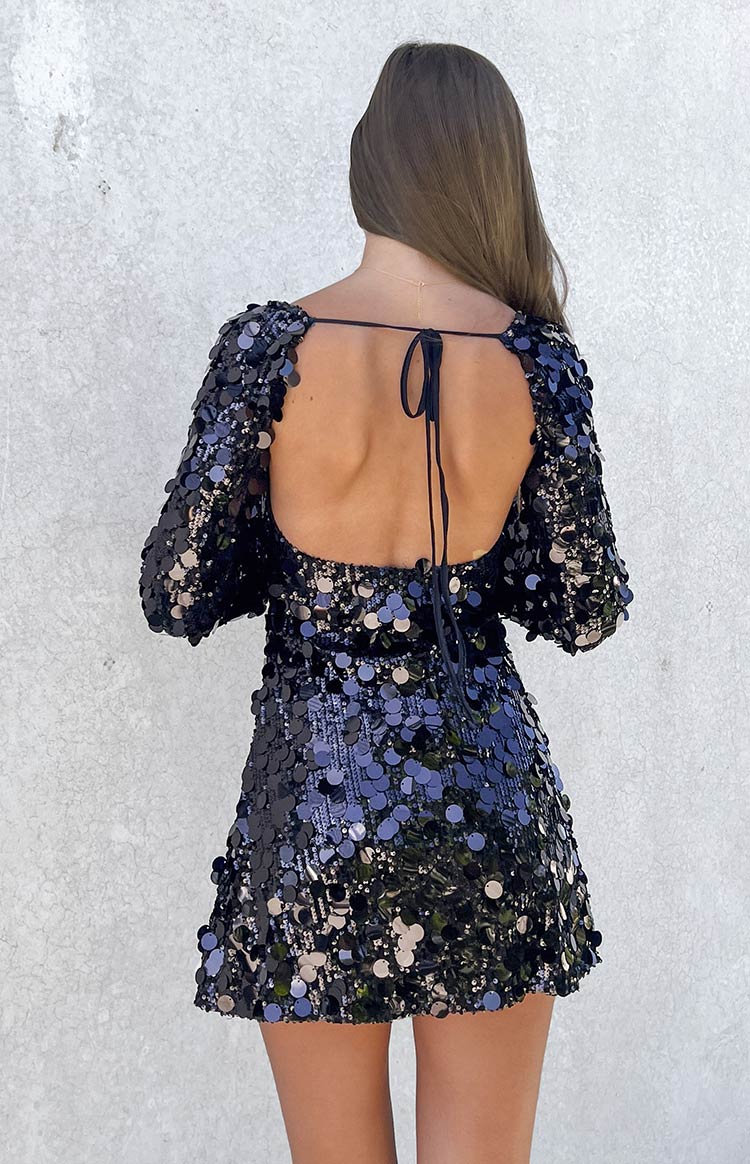 Marienne Black Large Sequin Long Sleeve Mini Dress