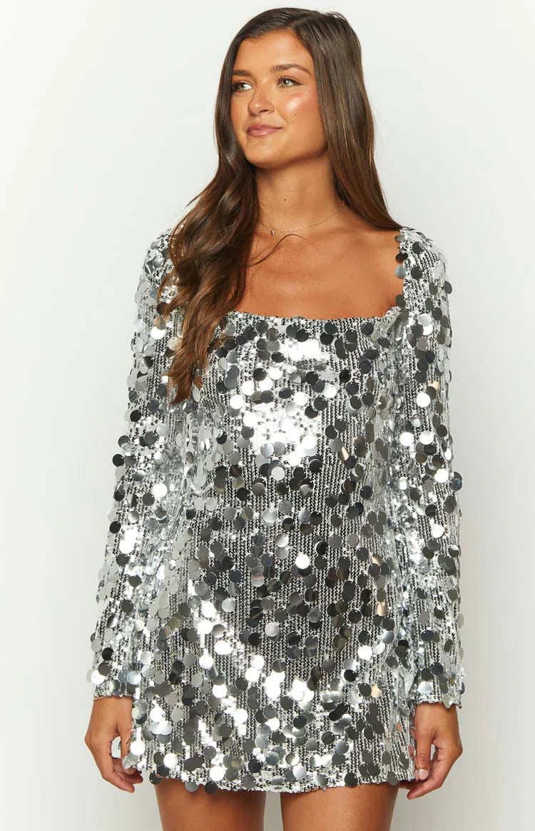 Marienne Silver Large Sequin Long Sleeve Mini Dress