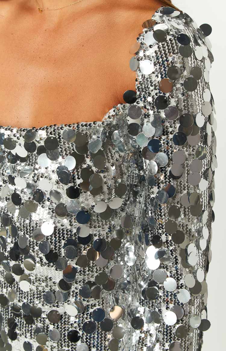 Marienne Silver Large Sequin Long Sleeve Mini Dress