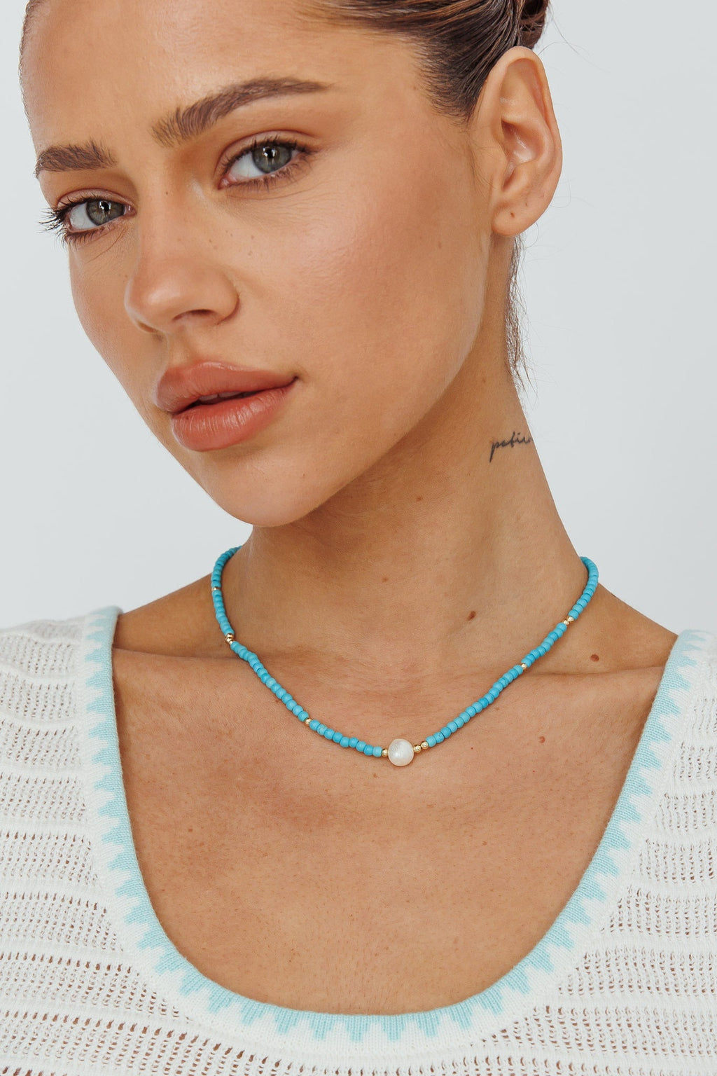 Ibiza Turquoise Bead Pearl Necklace Gold