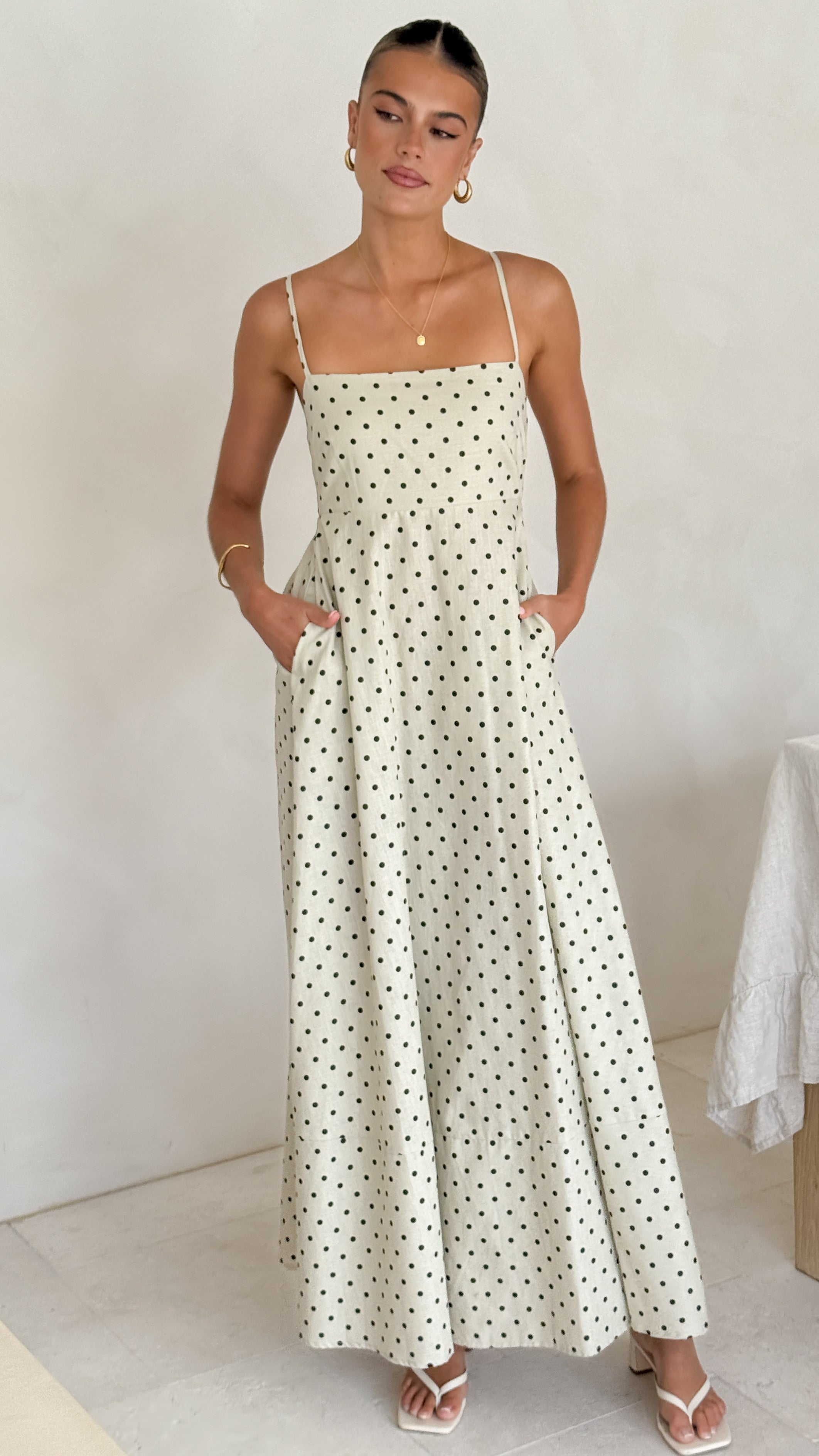 Nicole Spaghetti Strap Maxi Dress - Beige/Black Polka Dot