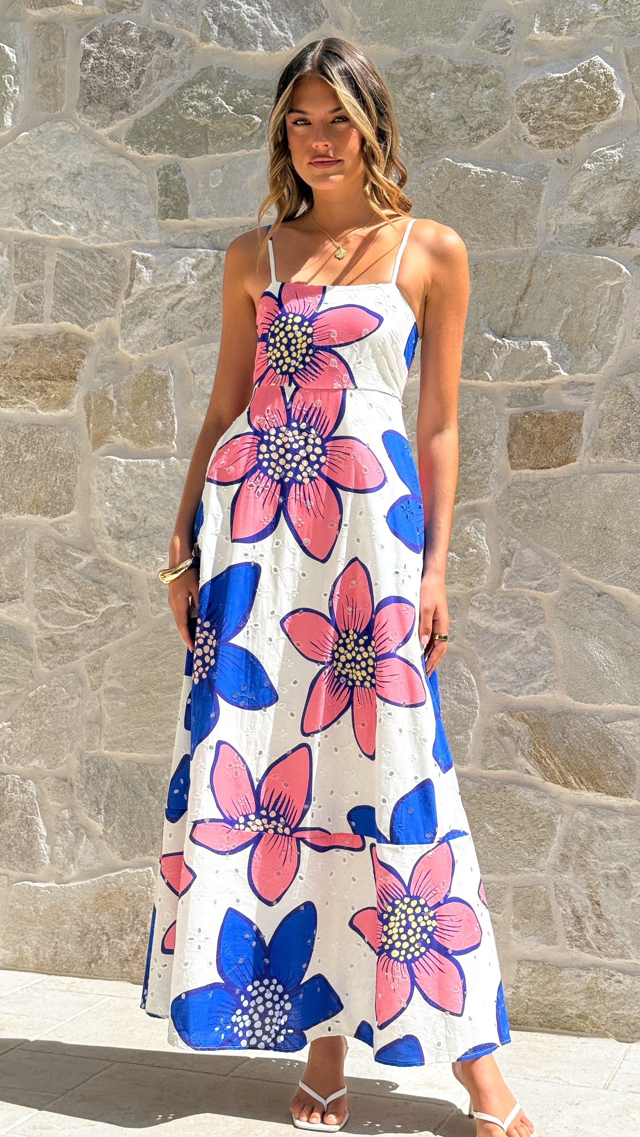 Norah Eyelet Maxi Dress - Botanic Blue/Pink Print