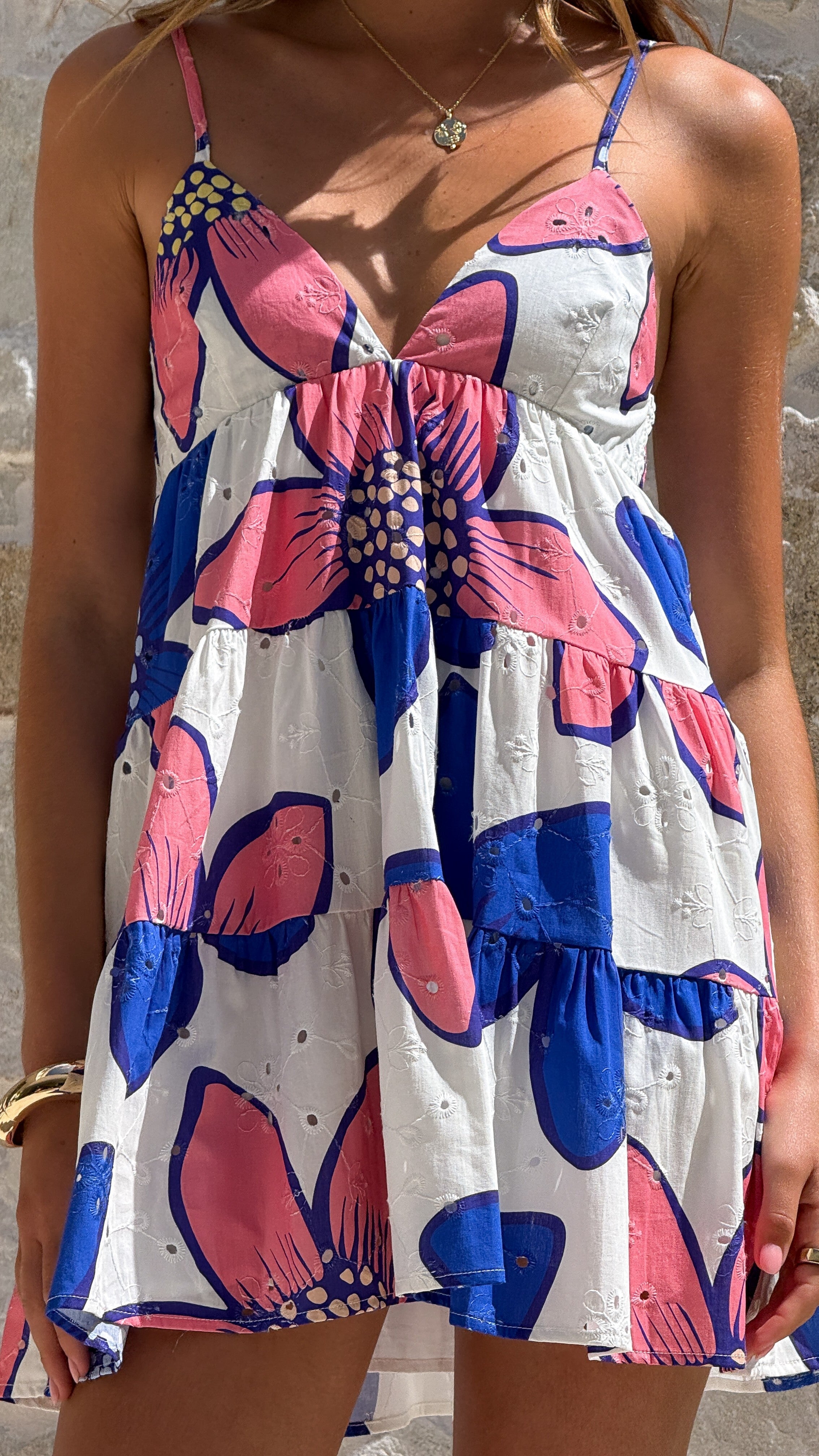Maisie Eyelet Mini Dress - Botanic Blue/Pink Print
